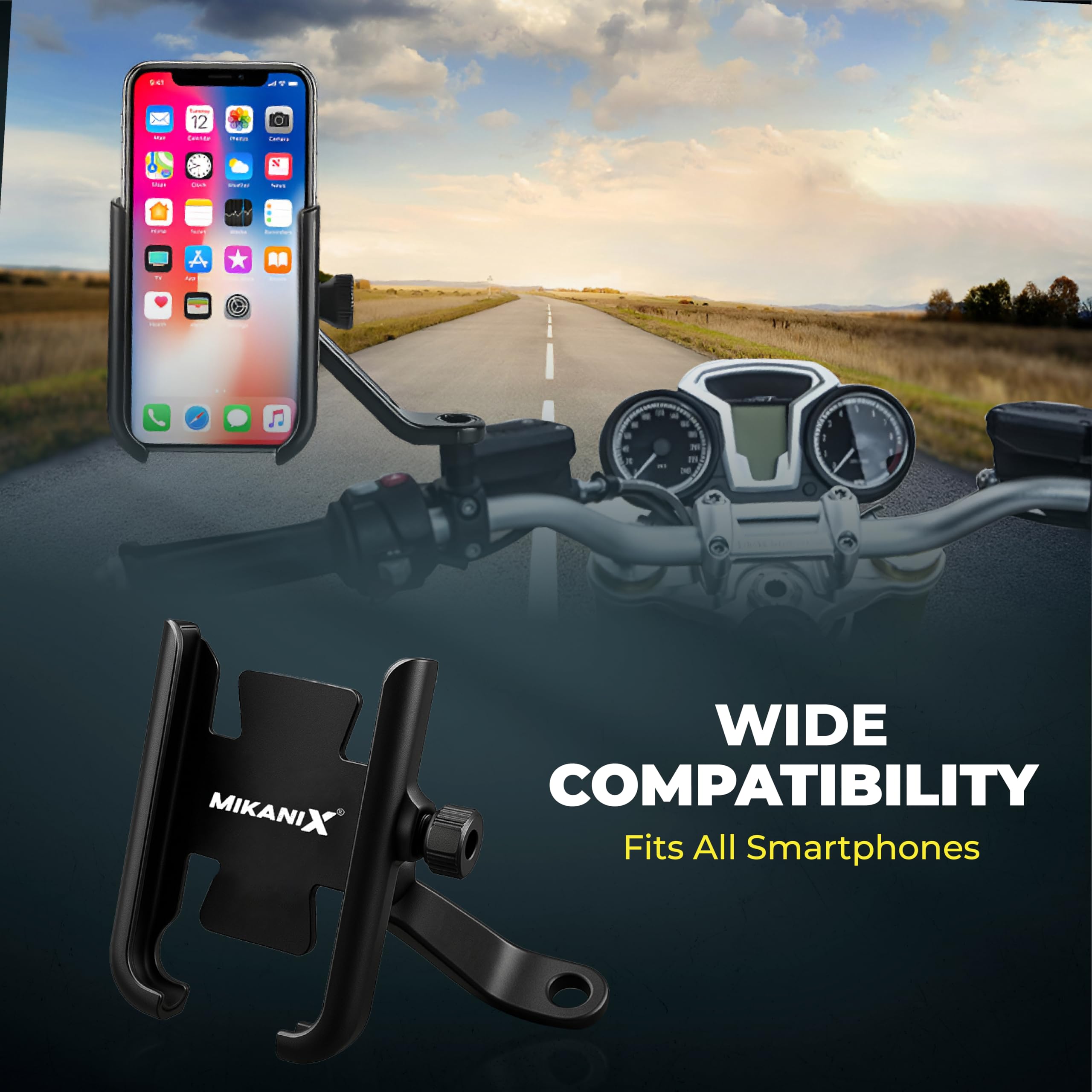 Mikanix Bike Mobile Holder & Mirror Stand Mount | Universal Handlebar Phone Stand V2.0 | CNC Aluminium 360° Rotating Cradle for Bicycle, Motorcycle, Scooty – Fits All Smartphones