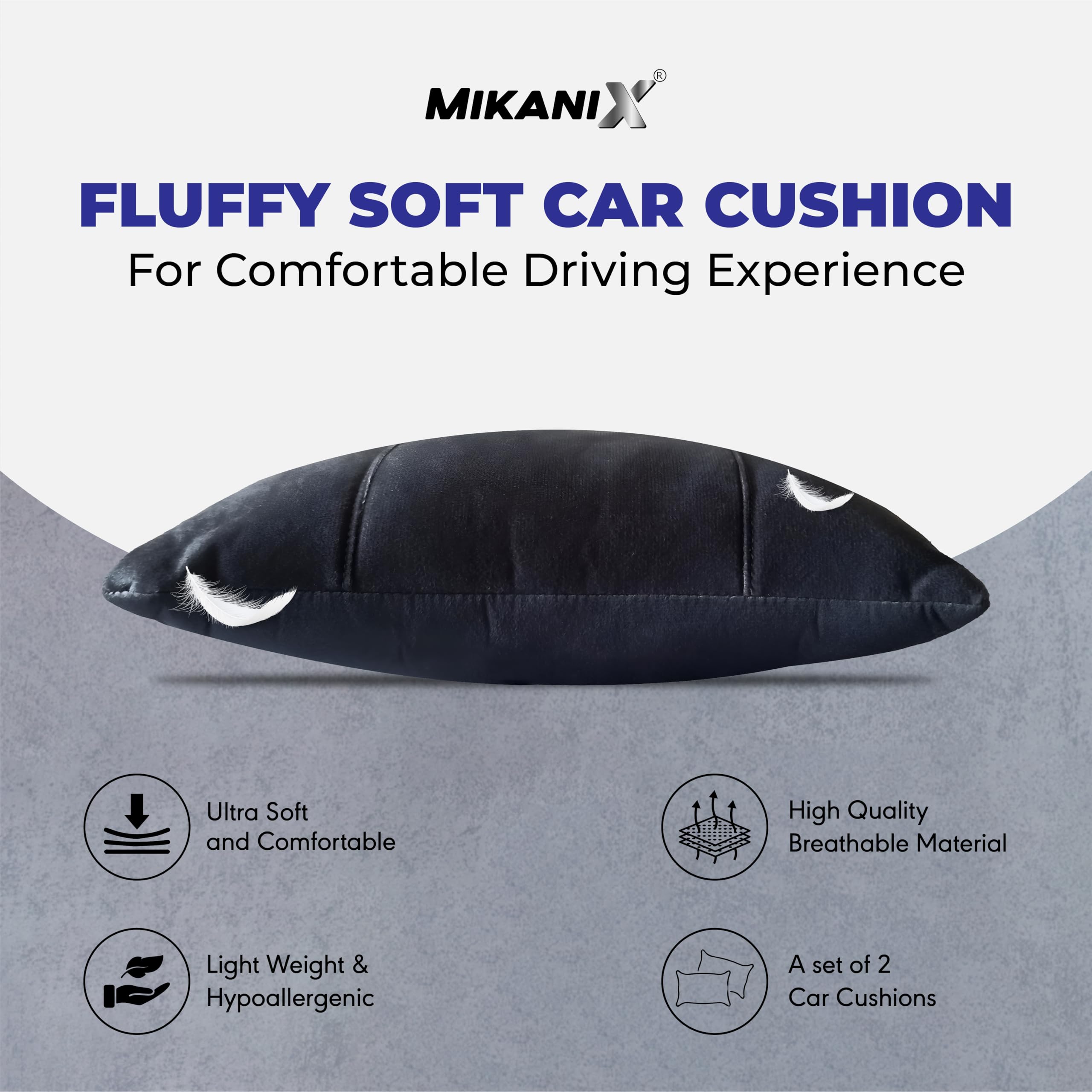 MIKANIX Car Headrest Pillow | Polyfill Fiber Cotton Neck/Head Support Cushion | Ergonomic Travel Headrest | Comfortable Car Seat Pillow | Breathable Soft Cover | Universal Fit (4 Grey)