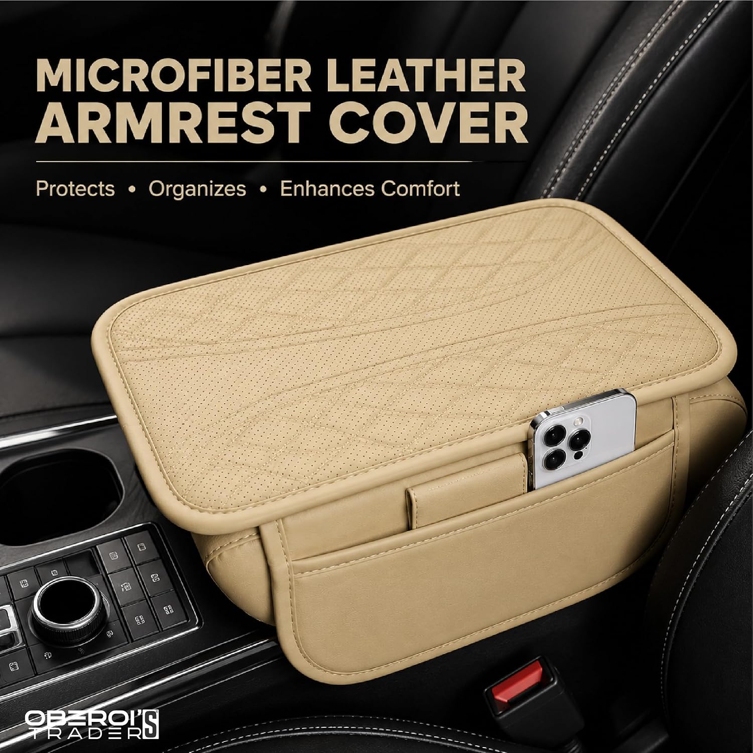 MIKANIX Car Center Console Armrest Cushion | Waterproof Leather Car Armrest Pad with Cup Holder, Phone Slot & Tissue Organizer for Top Hinged Consoles