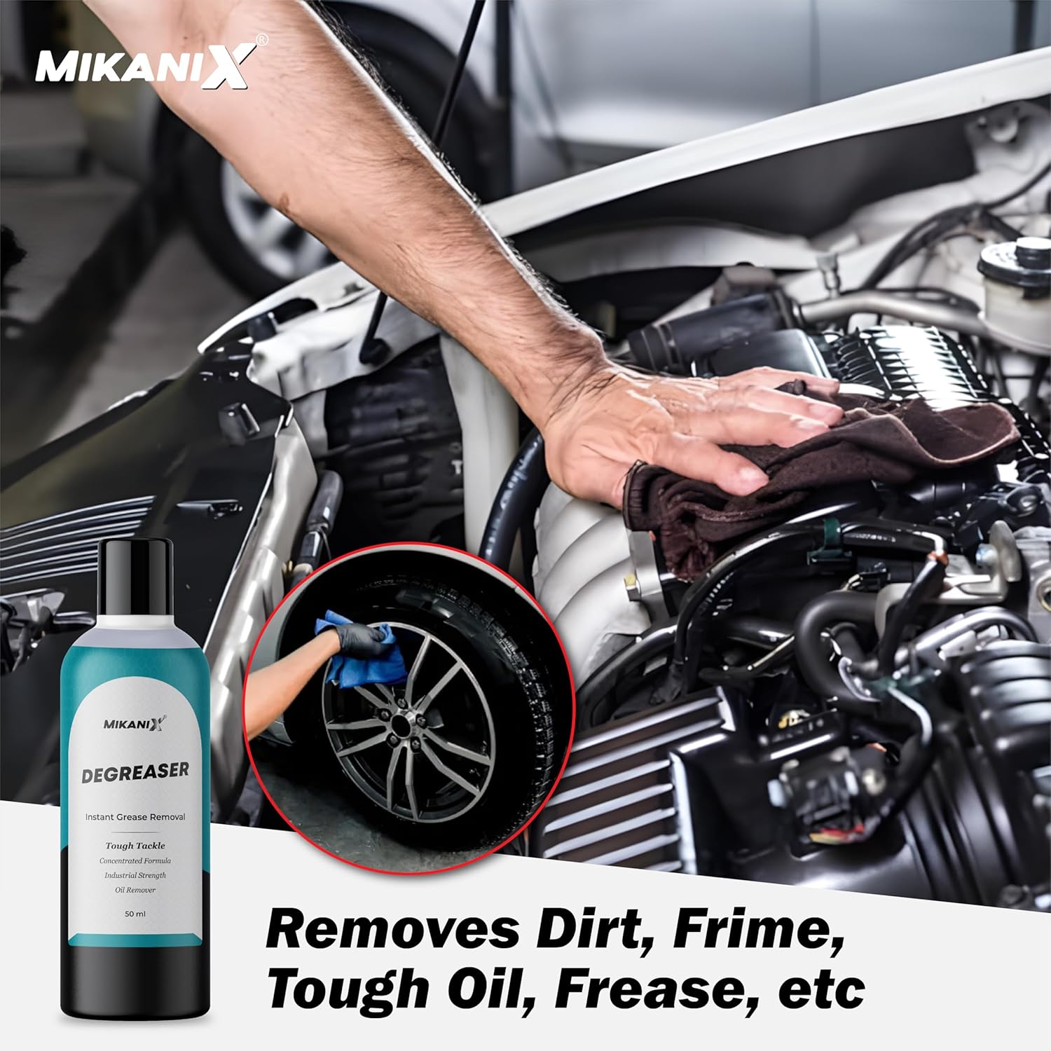 MIKANIX Car Cleaning Kit 11-in-1 Combo | Ceramic Wash, Dashboard Polish, Shampoo, Tyre Gloss, Degreaser, Body Shine, Windshield Wash, Dryclean Solution with Microfiber Cloth & Foam Sponge