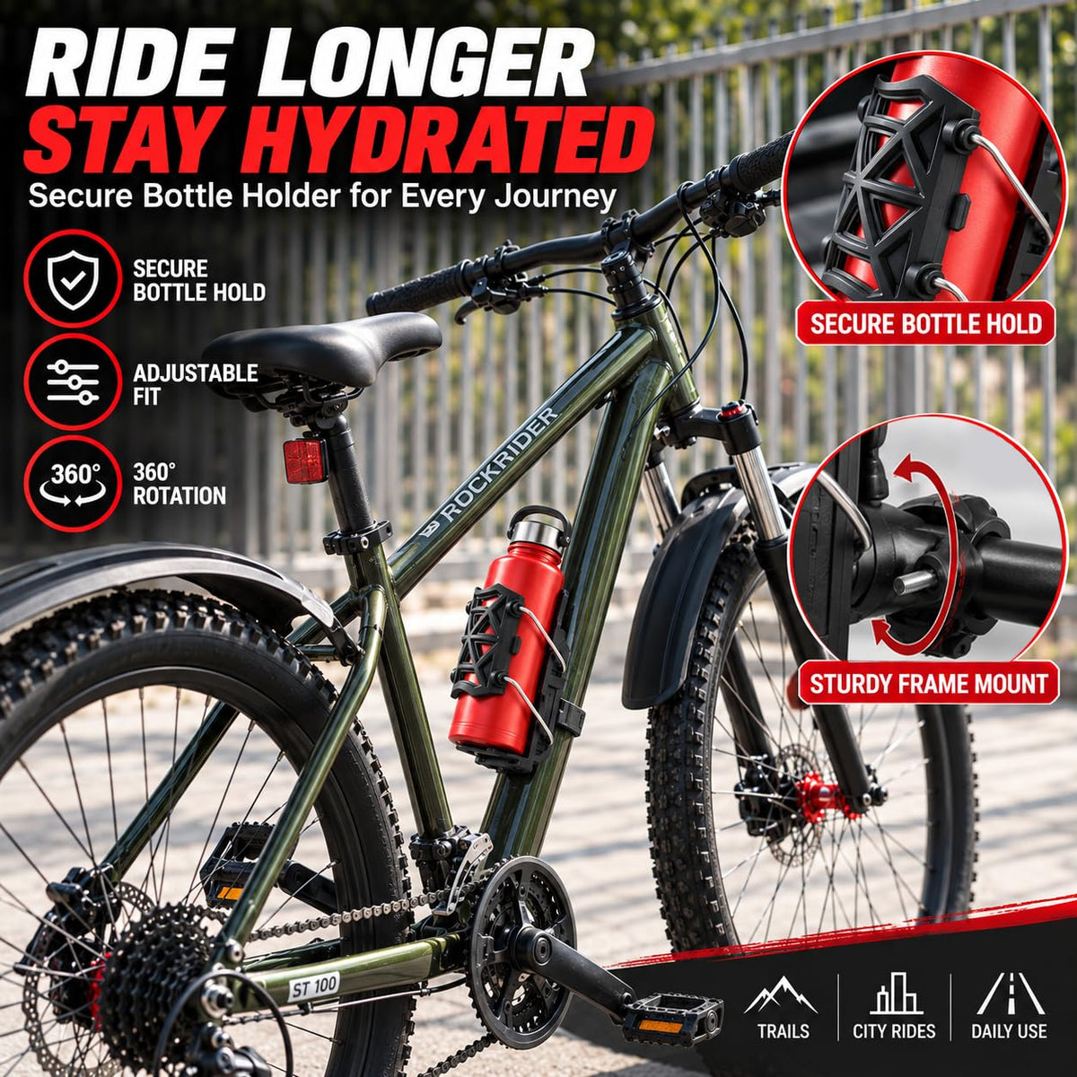 MIKANIX Adjustable Water Bottle Holder | Bottle Cage with Secure Mounting Bracket | Anti-Slip Secure Holder Heavy-Duty Bottle Stand for Bike, Cycling, Scooter, ATV & Bicycle