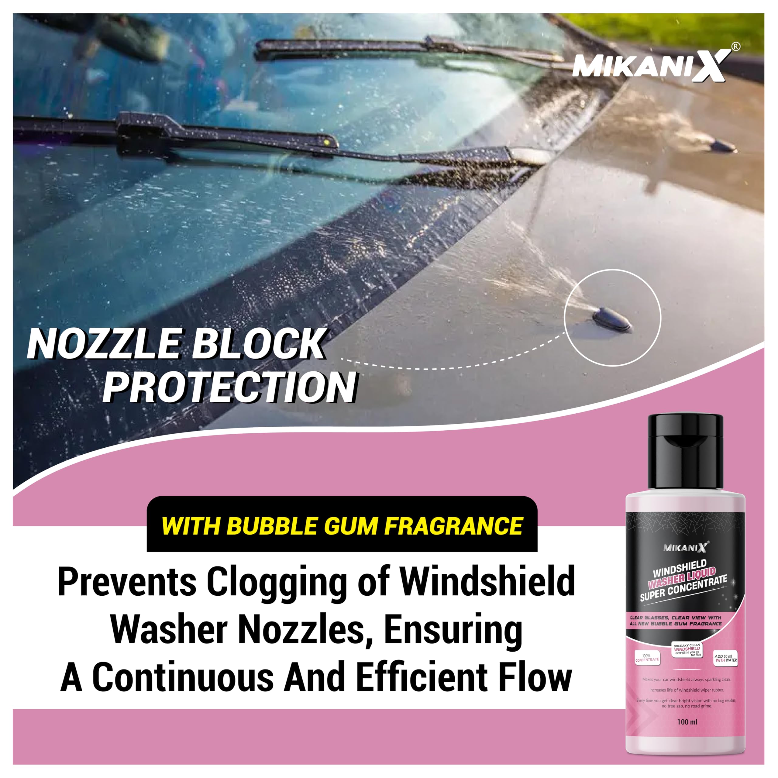 MIKANIX Windshield Washer Fluid For Car | Car Glass & Wiper Cleaner Liquid | Concentrate Form | To Remove Dirt, Grime and Bugs | Improve Visibility | Antifreeze Protection