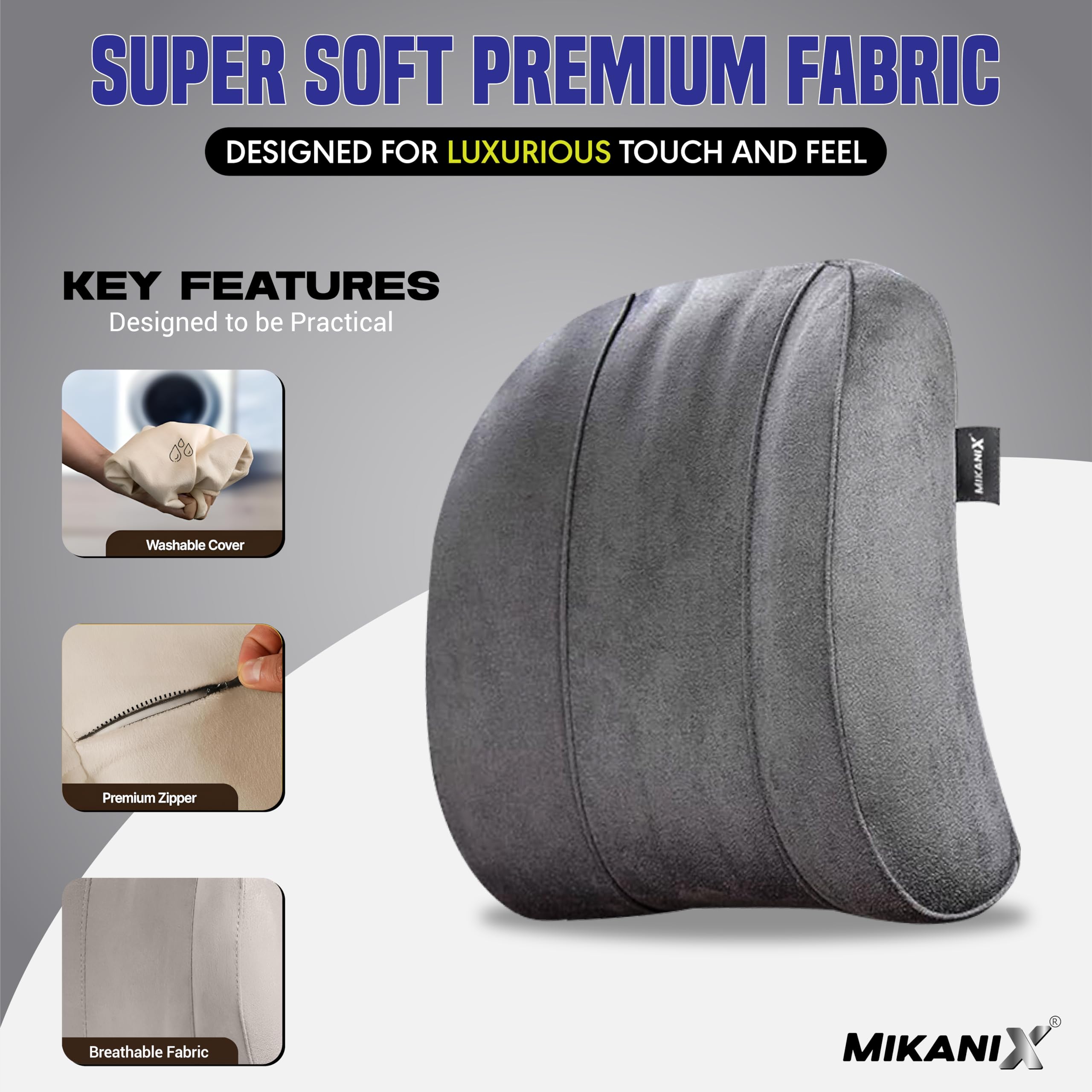 MIKANIX Car Headrest Pillow | Polyfill Fiber Cotton Neck/Head Support Cushion | Ergonomic Travel Headrest | Comfortable Car Seat Pillow | Breathable Soft Cover | Universal Fit (Grey)