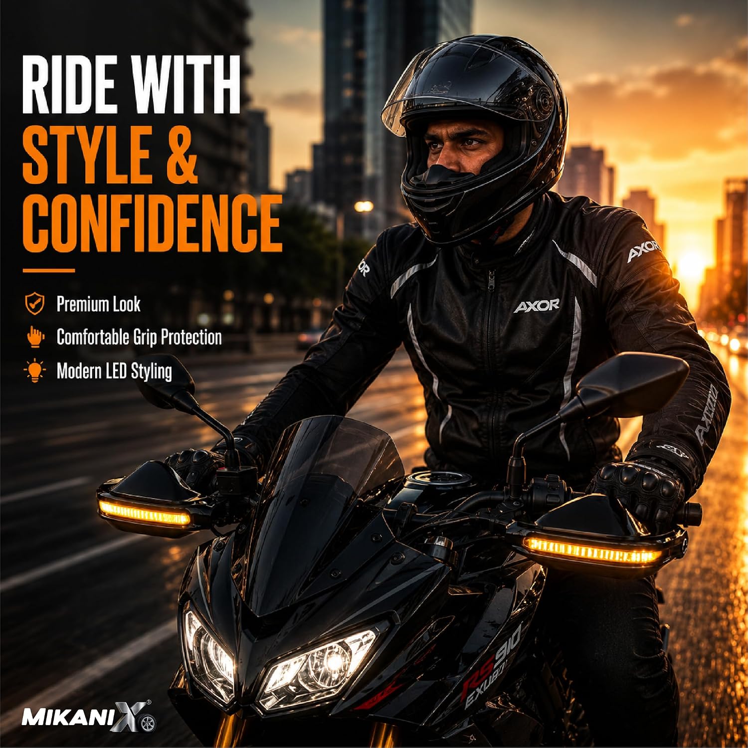 MIKANIX Universal Motorcycle Hand Guard with DRL LED Light | Brake & Clutch Lever Protector | Wind Deflector Hand Guard for All Bikes & Motorcycles