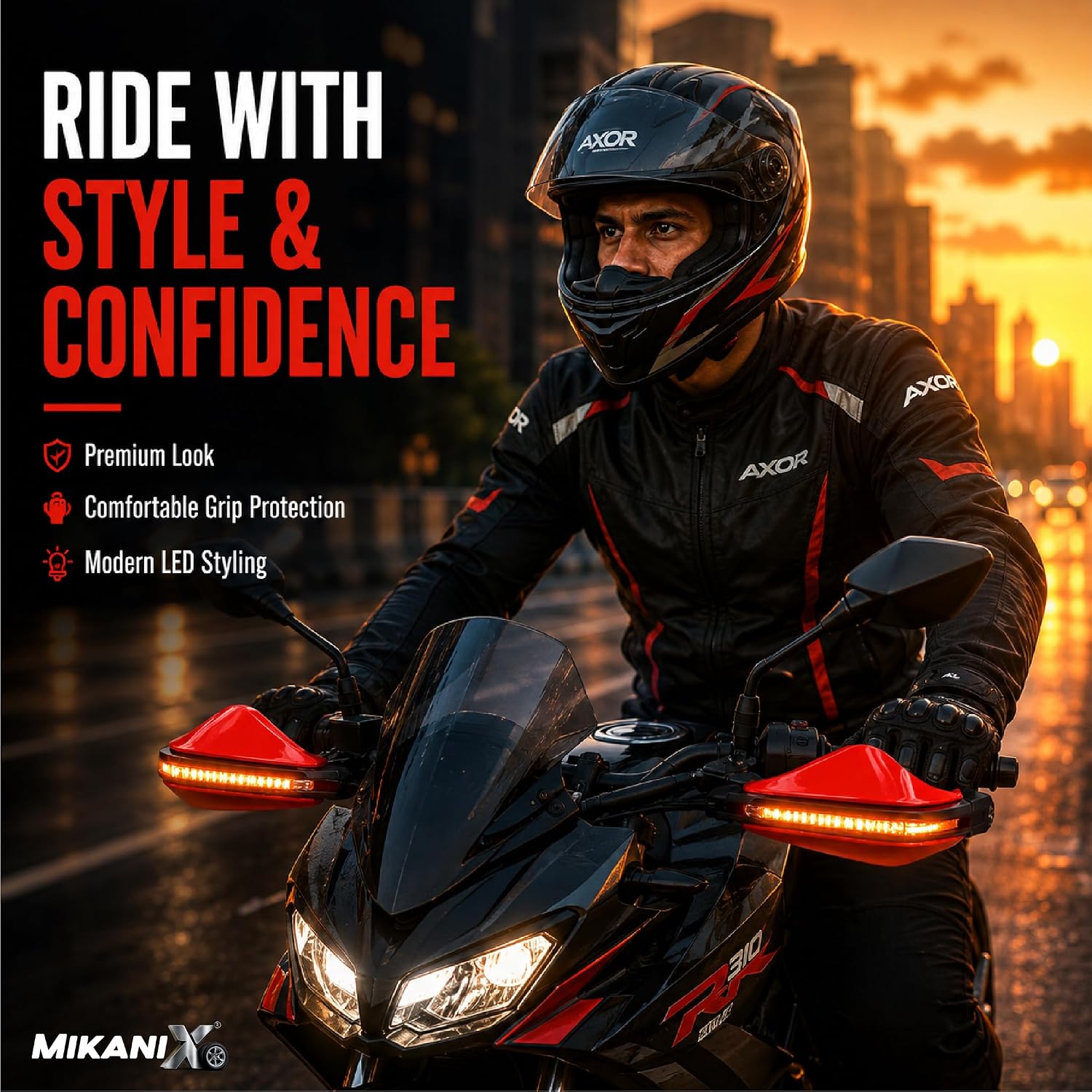 MIKANIX Universal Motorcycle Hand Guard with DRL LED Light | Brake & Clutch Lever Protector | Wind Deflector Hand Guard for All Bikes & Motorcycles