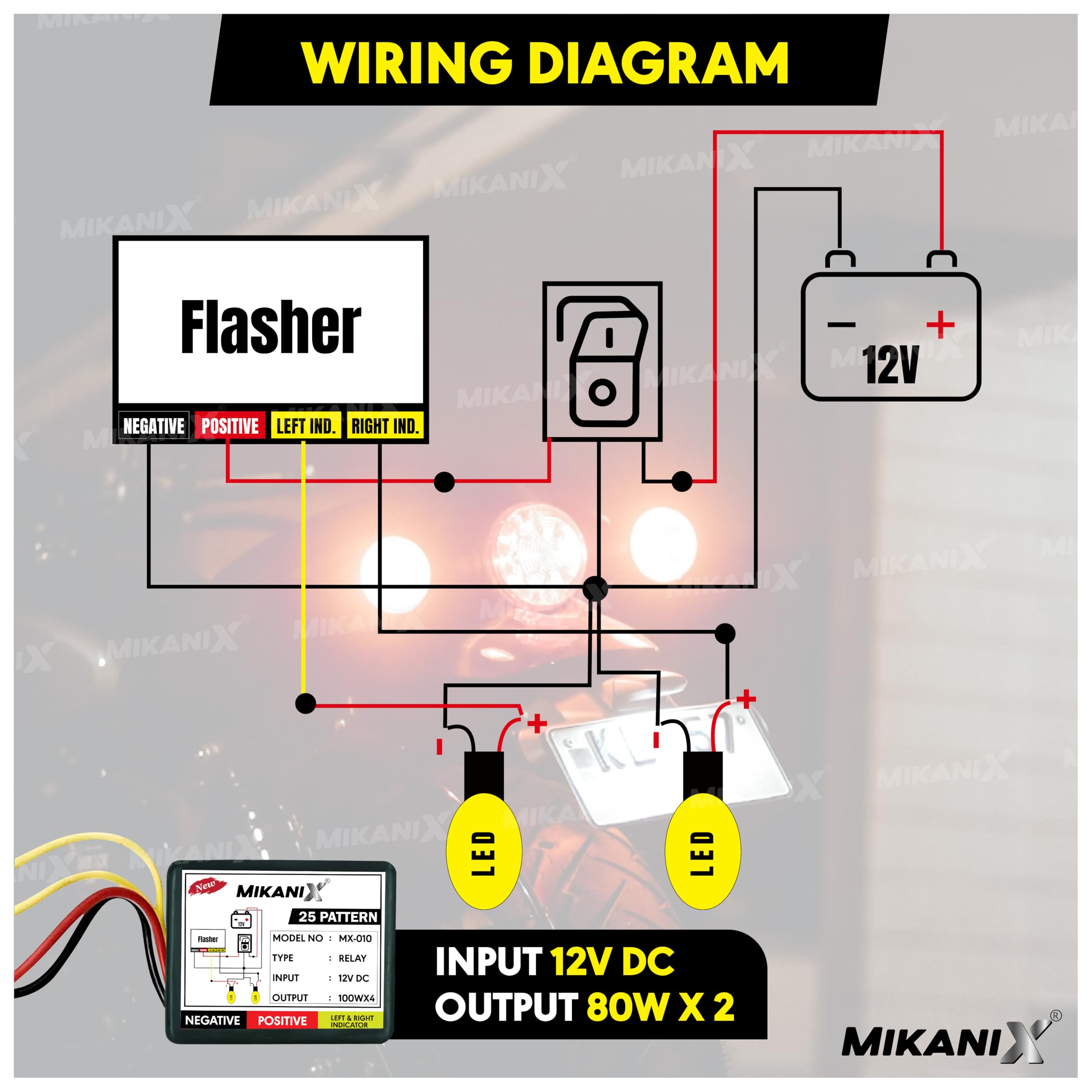 Mikanix Universal for Bike Hazard Flasher/Blinker Waterproof 16 Patterns Flasher Relay for LED/Bulb Indicators with Pattern Changer Switch