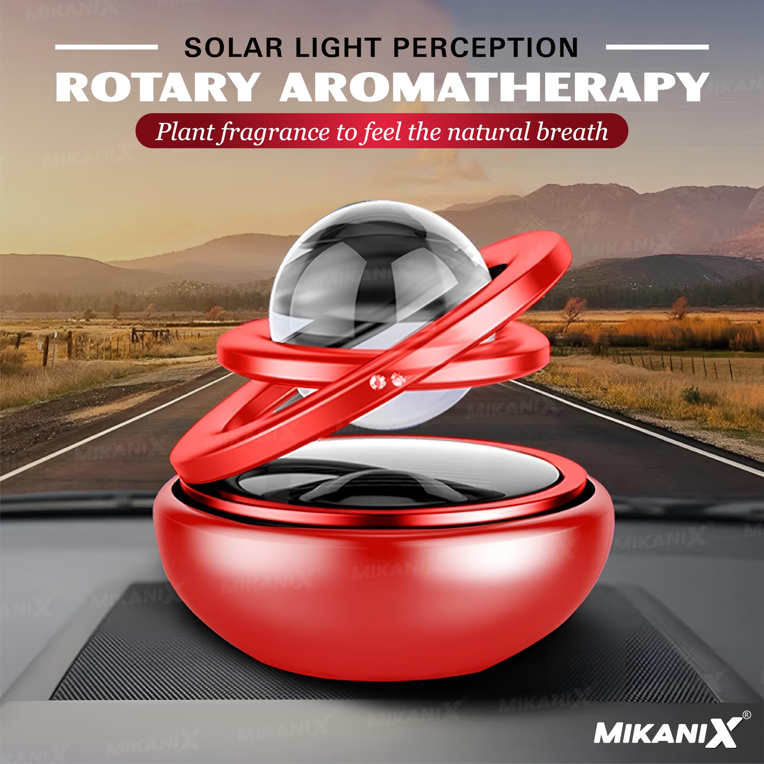 Mikanix Solar Energy Rotating Car Dashboard Air Freshener/Perfume Diffuser/Dispenser | Alloy Body & Crystal Design With Perfume Liquid For Car Interior & Home Air Freshener (Red), Pack Of 1