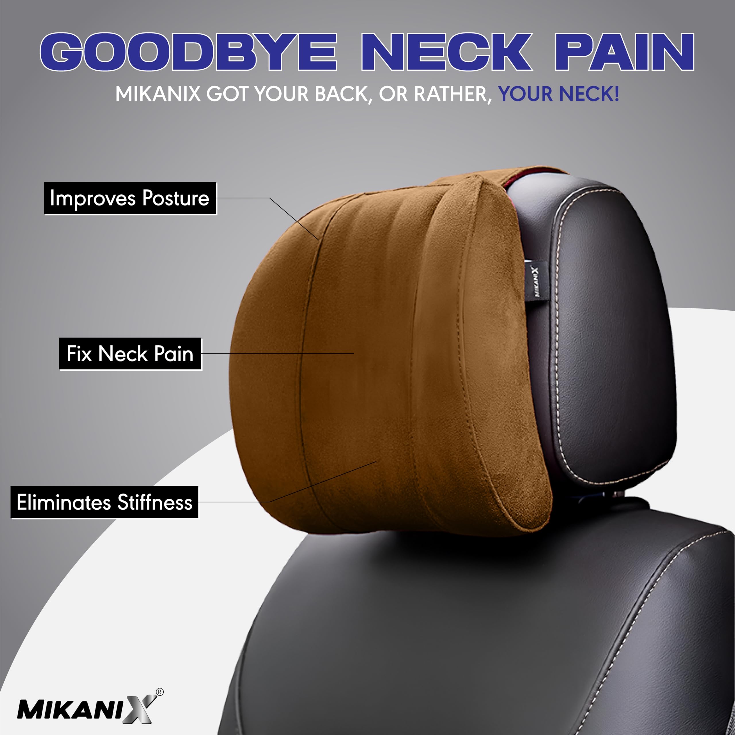MIKANIX Car Headrest Pillow | Polyfill Fiber Cotton Neck/Head Support Cushion | Ergonomic Travel Headrest | Comfortable Car Seat Pillow | Breathable Soft Cover | Universal Fit (Brown)