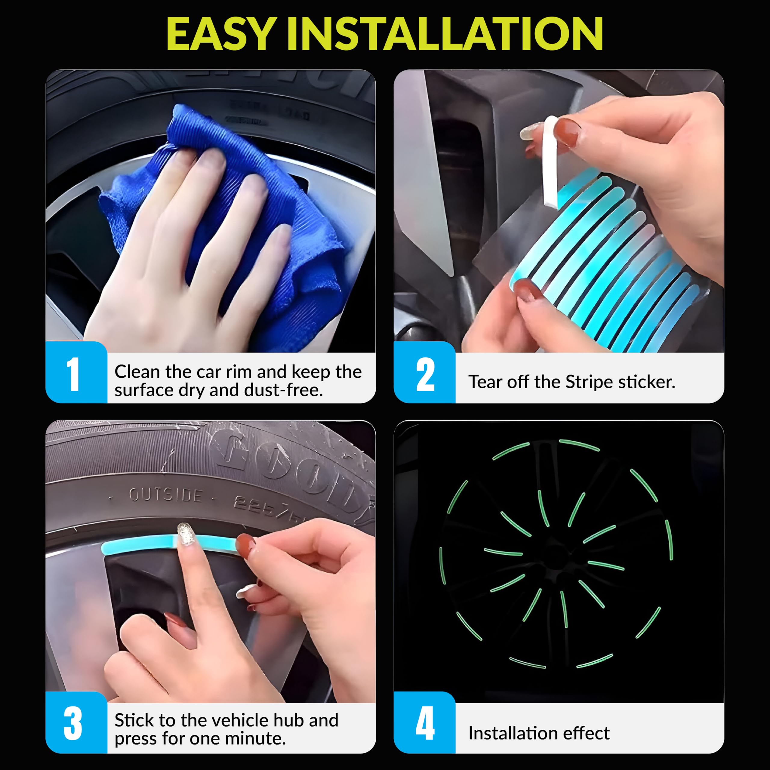 MIKANIX 20pcs Reflective Rim Tape Stickers for Car & Bike Wheels I Multicolor Tyre Strips for Night Visibility Waterproof Glow in Dark Wheel Decals – Universal Fit for Rims, Tyres, Spokes