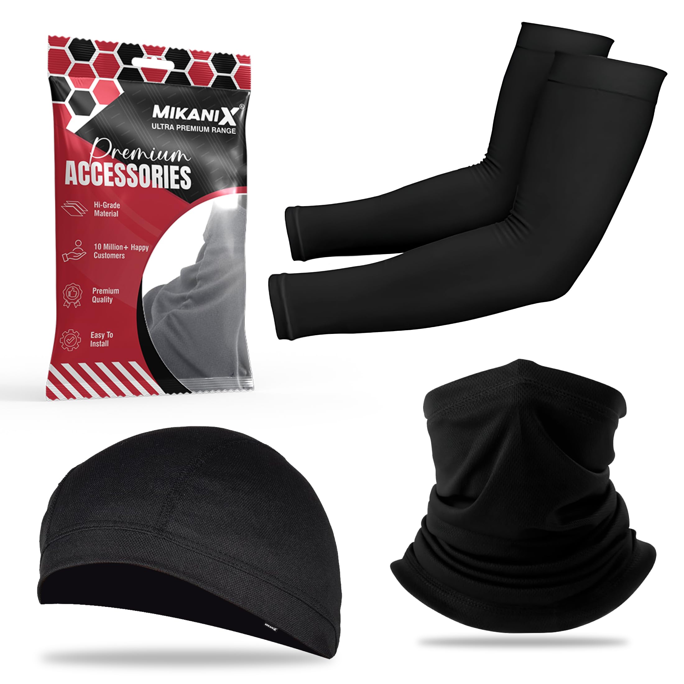 OBEROI'S TRADERS Men's Neck Gaiter/Bandana, Arm Sleeves & Skull Cap Combo for Bike Riding, Motorcycling, Outdoor Sports. Washable, Dust Protection, UV Protection, Free Size, Comfortable, Black