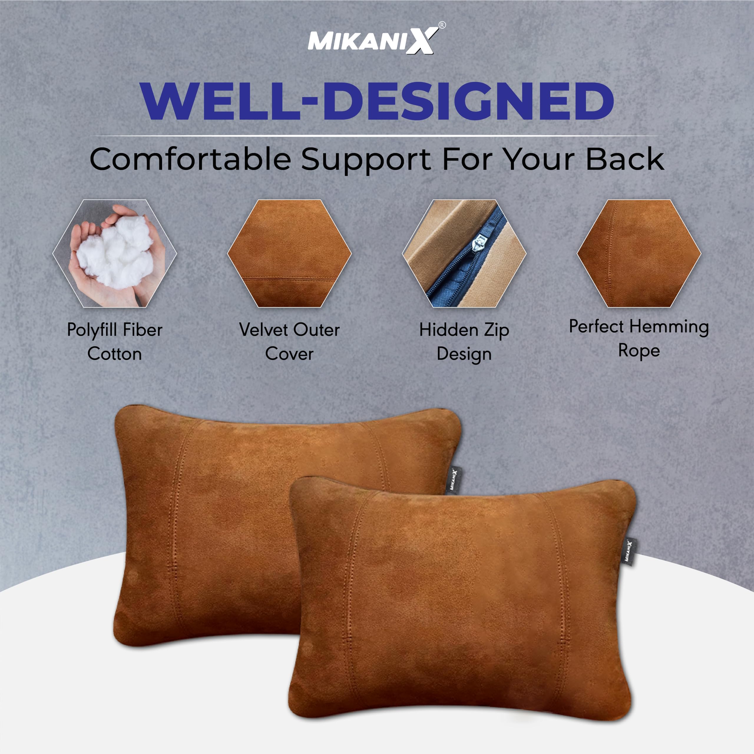 MIKANIX Car Headrest Pillow | Polyfill Fiber Cotton Neck/Head Support Cushion | Ergonomic Travel Headrest | Comfortable Car Seat Pillow | Breathable Soft Cover | Universal Fit (4 Brown)