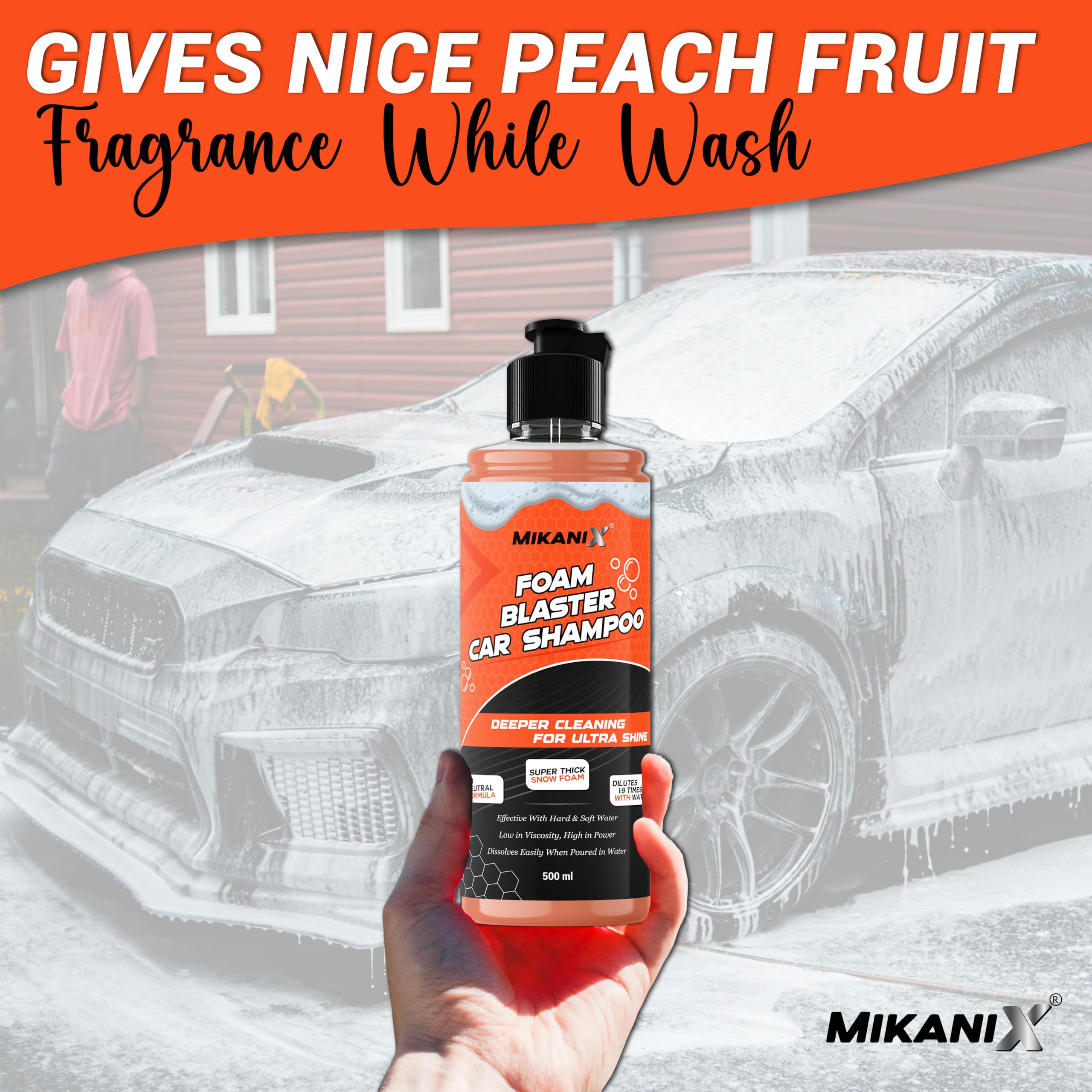 MIKANIX Foam Blaster Car Wash Shampoo | Concentrate Formula With Thick Foam to Remove Dirt & Grime for Car & Bike Exterior Cleaning | pH Neutral | 500 ML | Pack of 1