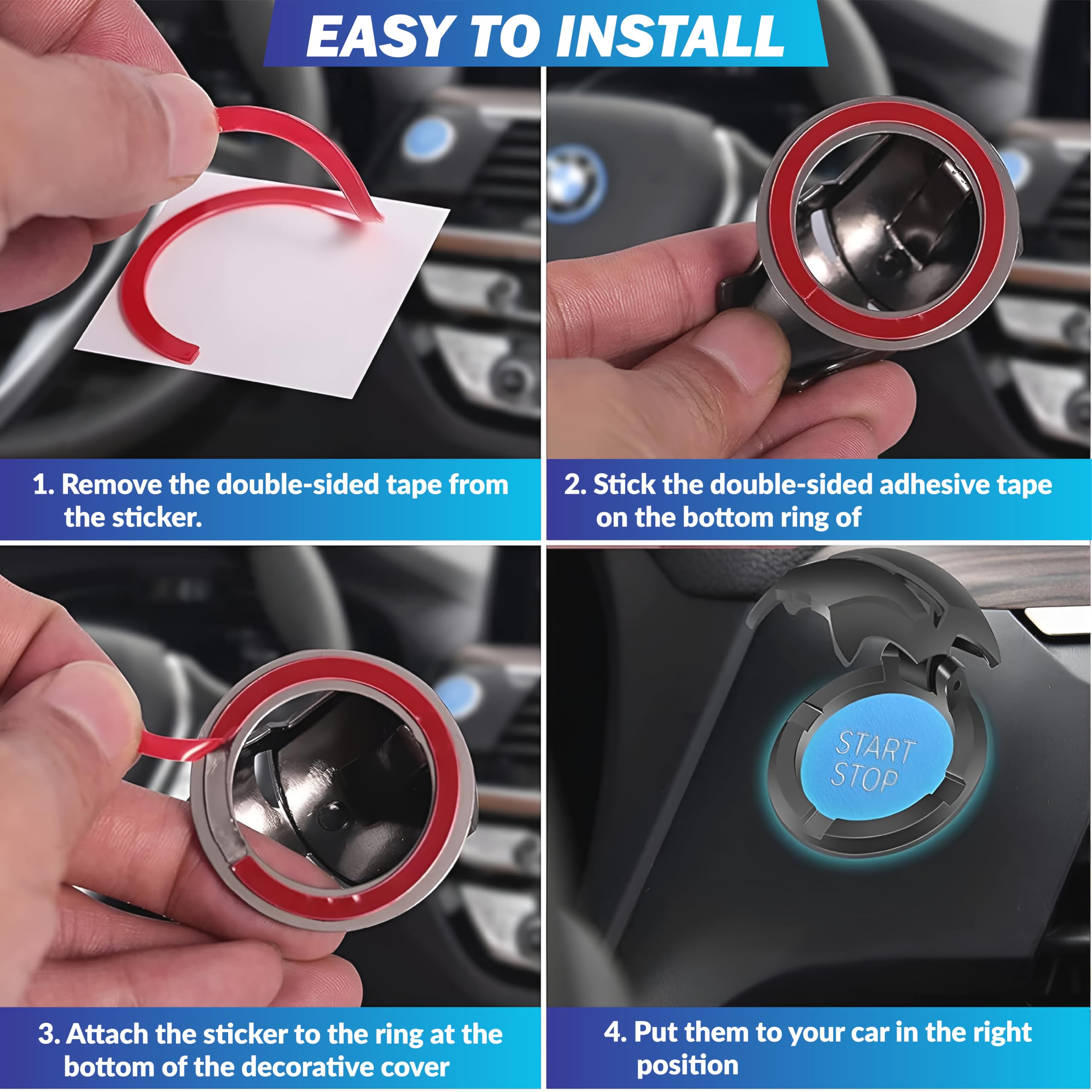MIKANIX Car Engine Start Stop Button Iron Man Style Cover I ABS Material, Sticky Adhesive, Push Start Ignition Protective Cove, Decorative Auto Accessories Universal for All Cars (Blue)
