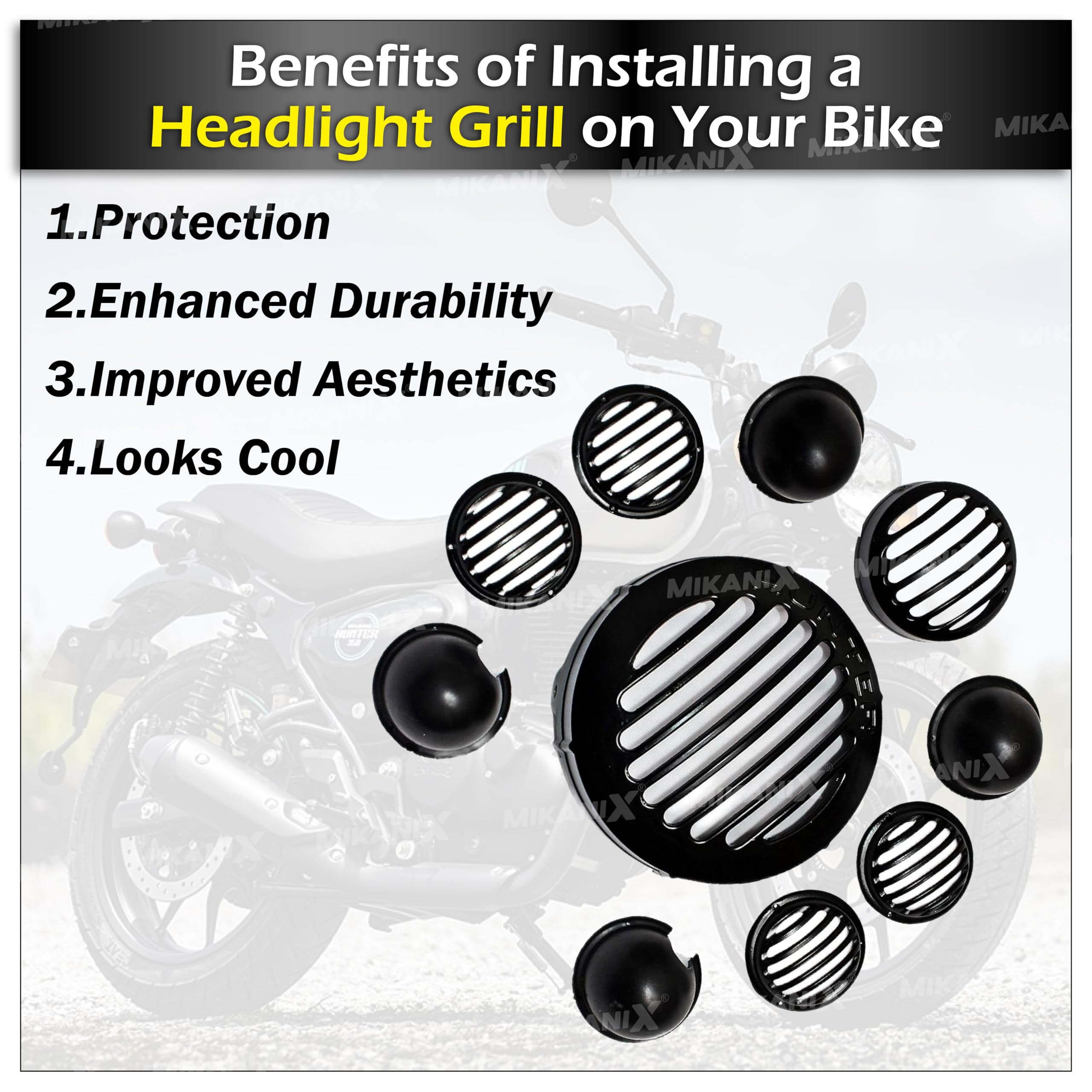 MIKANIX Hunter 350 Bike CNC Metal Front Rear Halogen Headlight Grill/Jali Cover Set With Tail Lamp, Indicator Cup Compatible Only For Royal Enfield Hunter 350