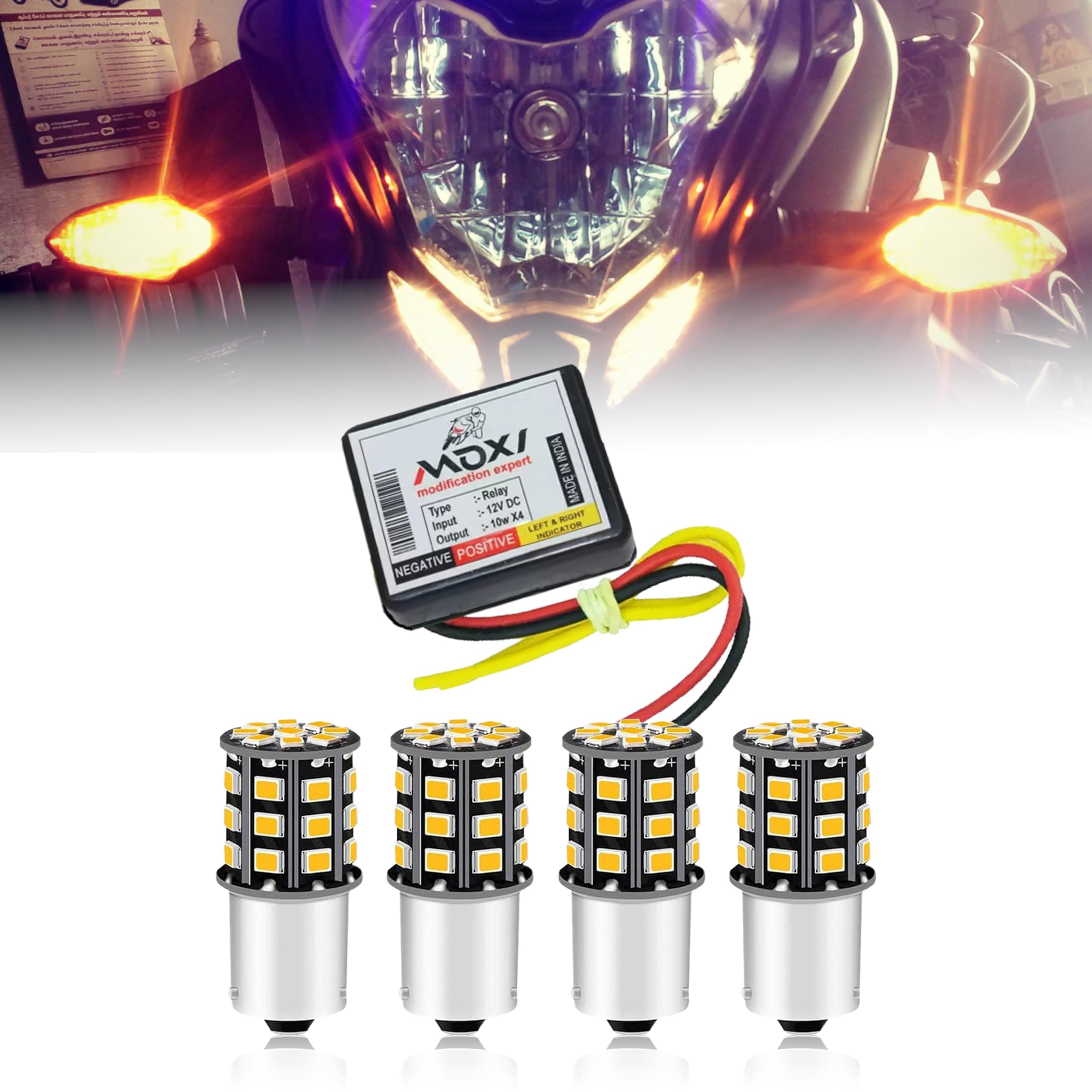 Mikanix Universal for Bike Hazard Flasher/Blinker Waterproof 16 Patterns Flasher Relay with 4 LED/Bulb Indicators (Hazard Flasher with 360° Indicator Bulb)