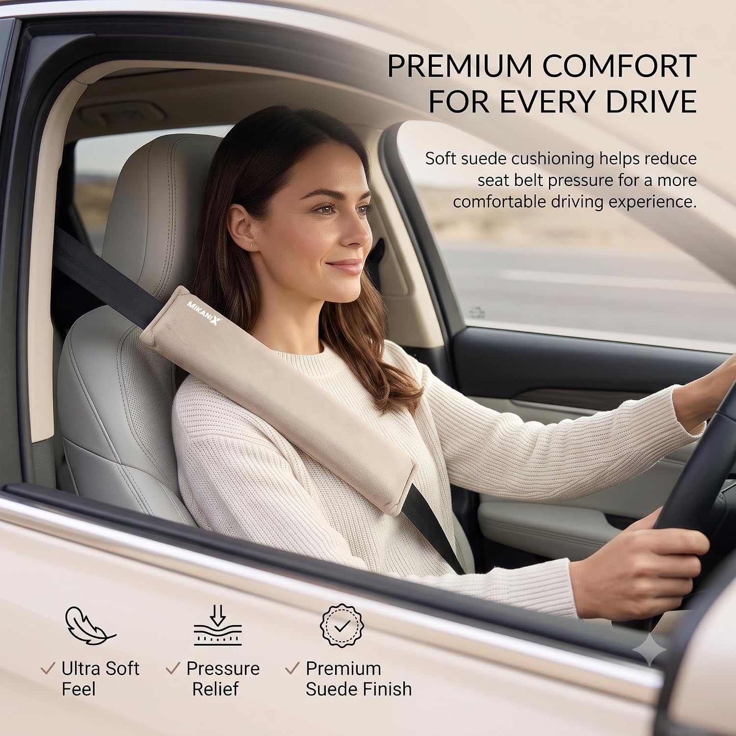 MIKANIX Car Seat Belt Shoulder Pad | Ultra Soft Fabric Suede Belt Cover | Universal Seat Belt Sleeve For Cars, SUVs & Vehicles | Reduces Shoulder Pressure & Neck Comfort for Daily & Long Drives