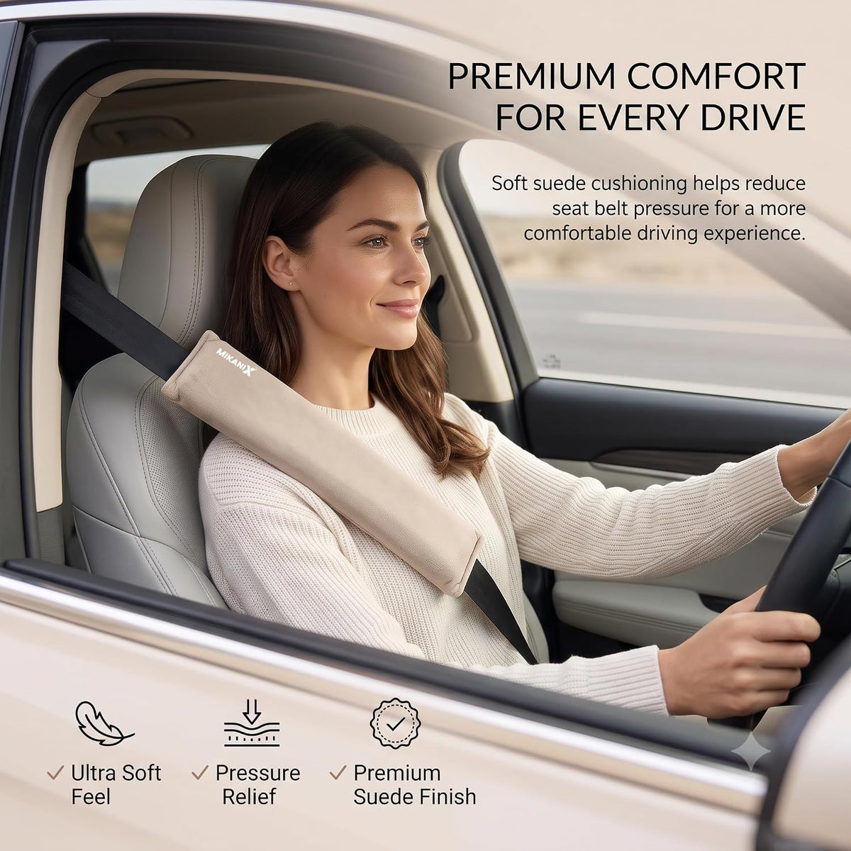 MIKANIX Car Seat Belt Shoulder Pad | Ultra Soft Fabric Suede Belt Cover | Universal Seat Belt Sleeve For Cars, SUVs & Vehicles | Reduces Shoulder Pressure & Neck Comfort for Daily & Long Drives