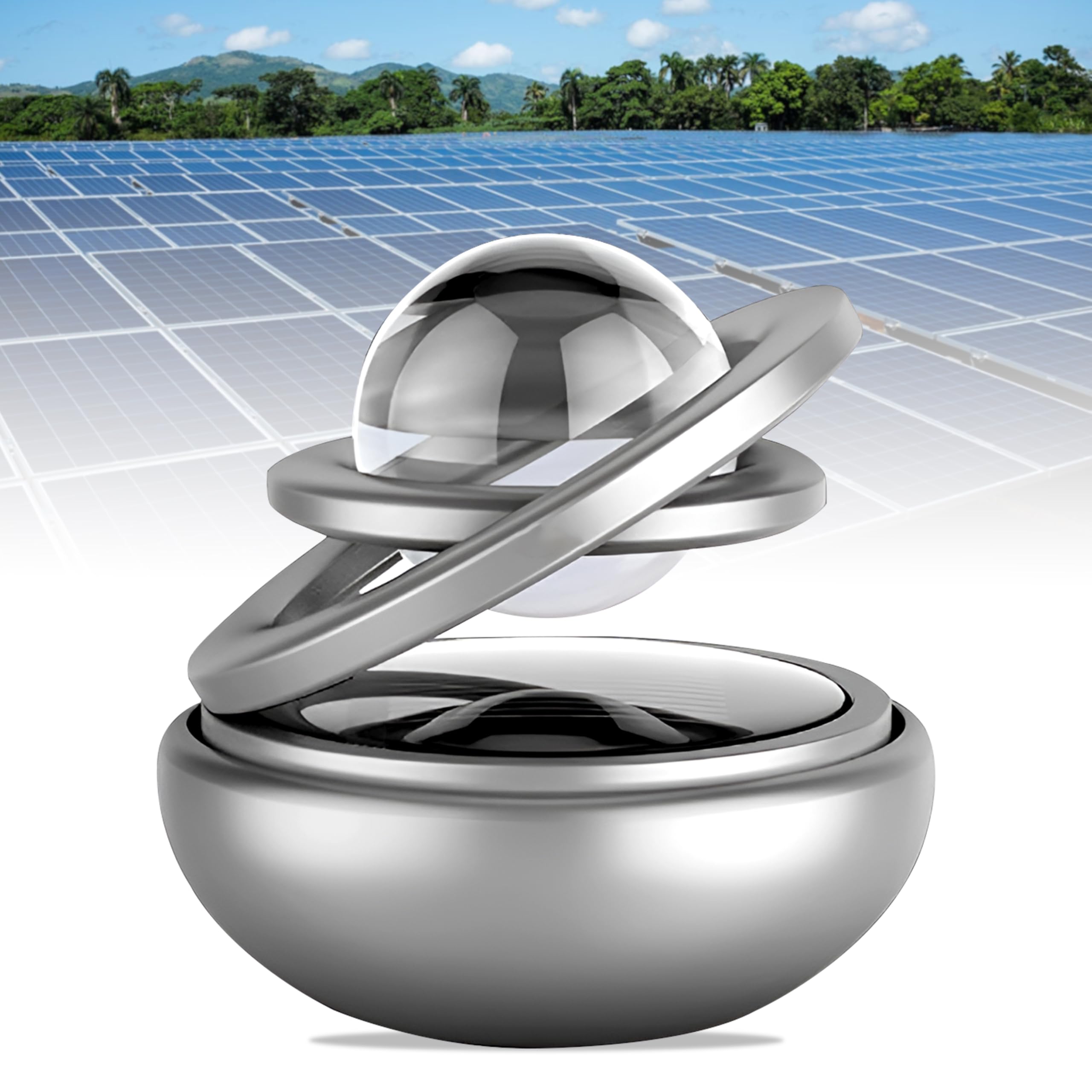 Mikanix Solar Energy Rotating Car Dashboard Air Freshener/Perfume Diffuser/Dispenser|Alloy Body & Crystal Design With Perfume Liquid For Car Interior & Home Air Freshener (Silver), Pack Of 1