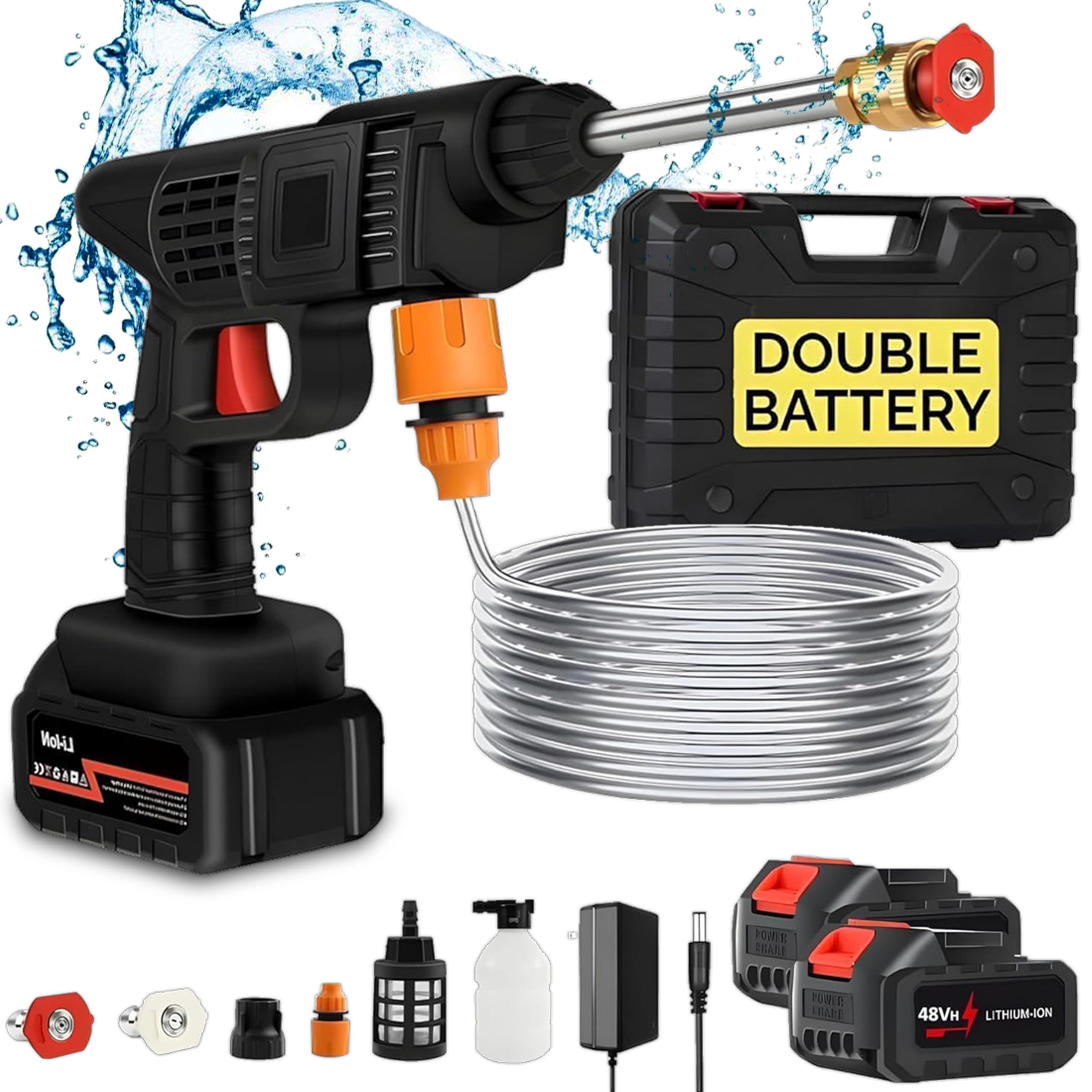 Mikanix 6 Months Warranty Cordless High Pressure Spray Washer Machine Gun for Car & Bike Washing with Adjustable 3 in 1 Nozzle, 5M Hose Pipe, Rechargeable Dual 12000 mAh Battery