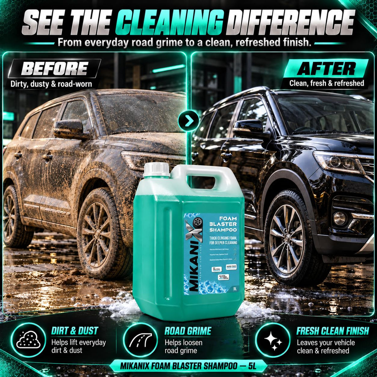 MIKANIX Car Wash Foam Blaster Concentrated Shampoo with Ceramic Shine | High Foam Car Wash Liquid for Cars & Bikes | Car Cleaning Shampoo ( 5 LTR )