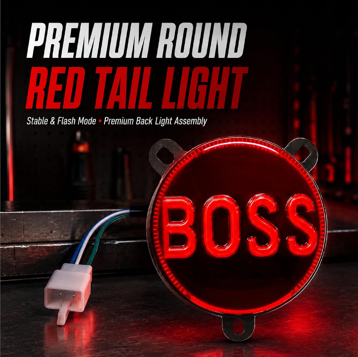MIKANIX BOSS LED Motorcycle Tail Light | Round Rear Brake Tail Lamp with 3 Light Modes | White, Red & Blinking Modes | Compatible with 350 & 500