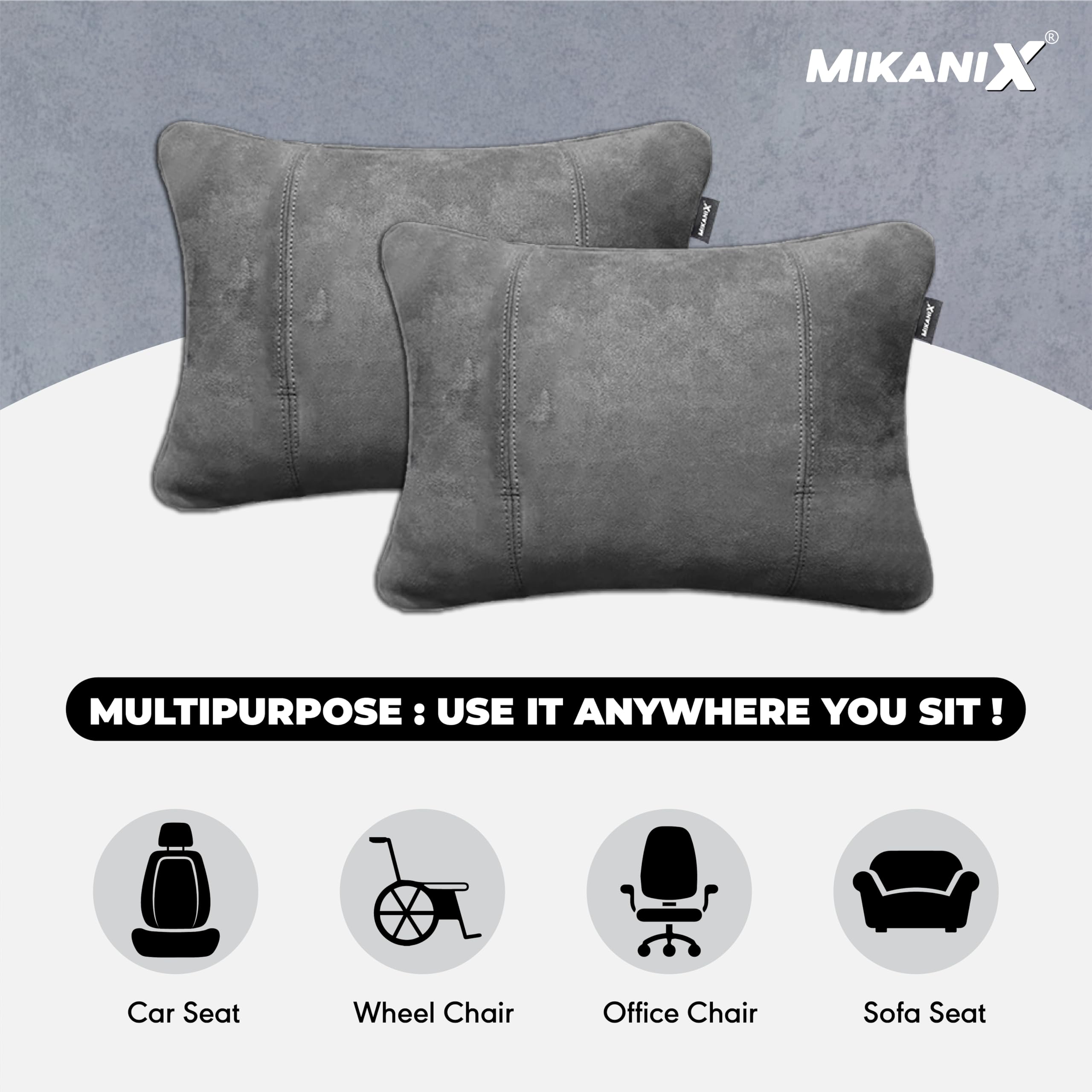 MIKANIX Car Headrest Pillow | Polyfill Fiber Cotton Neck/Head Support Cushion | Ergonomic Travel Headrest | Comfortable Car Seat Pillow | Breathable Soft Cover | Universal Fit (4 Grey)