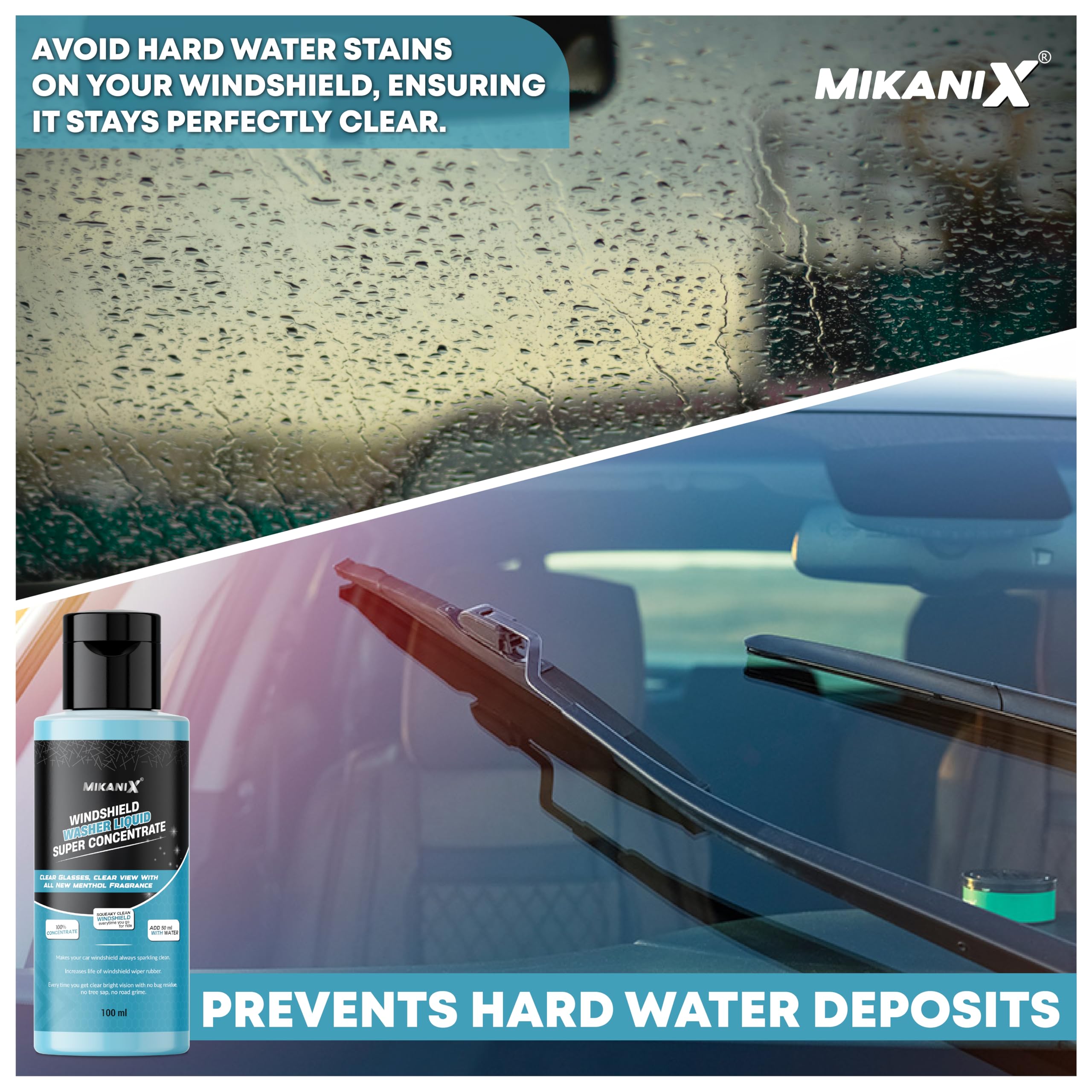 MIKANIX Windshield Washer Fluid For Car | Car Glass & Wiper Cleaner Liquid | Concentrate Form | To Remove Dirt, Grime and Bugs | Improve Visibility | Antifreeze Protection