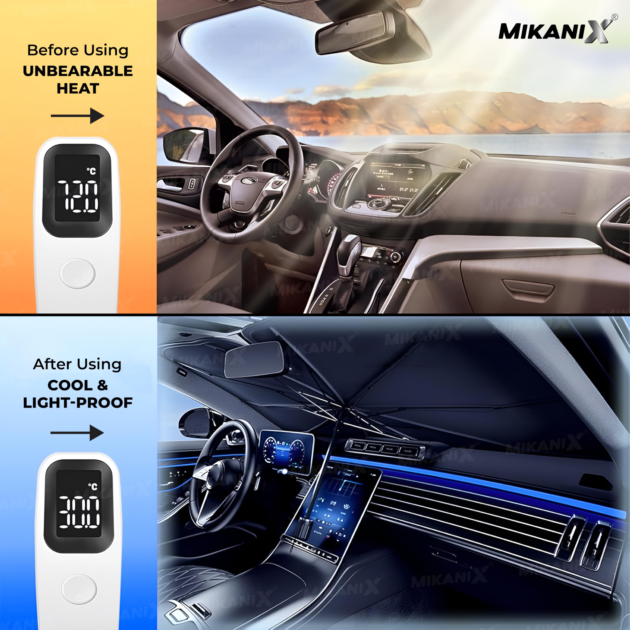 MIKANIX Car Sunshade Umbrella I Foldable Windshield Sun Protector, UV Blocker, Heat Reflector for Cool Interior, Prevents Dashboard Fading & Odors, Universal Fit for Cars, Trucks, SUVs