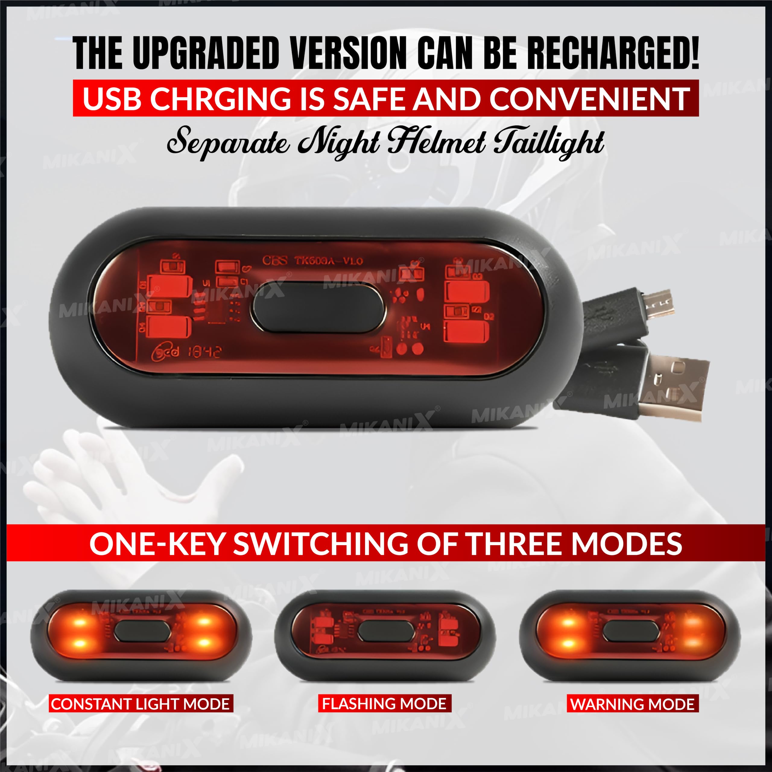 OBEROI'S TRADERS Abs Universal Helmet Light/Led with 3 Modes of Flashing | Blinking Strobe Rear Warning Red Safety Night Riding Light USB Charging Cable, Corded Electric