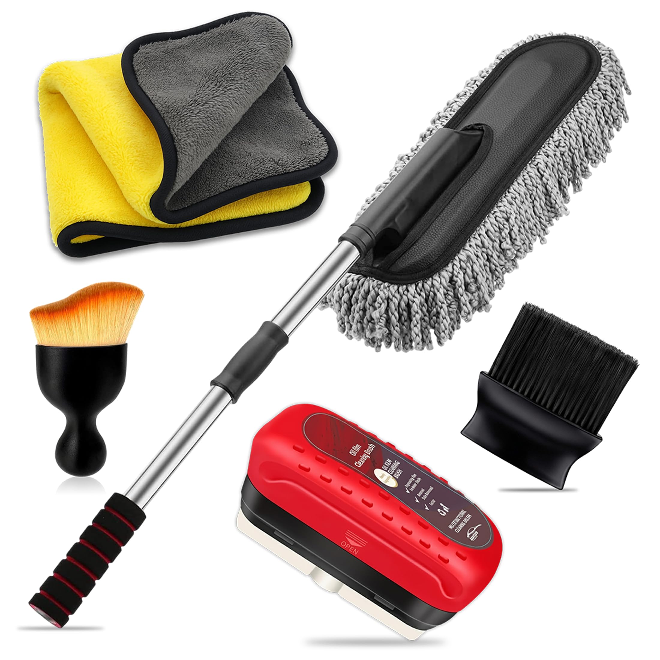 OBEROI'S TRADERS 5-in-1 Car Cleaning Kit | Extendable Car Duster, Microfiber Cloth, Wash Mitt, AC Vent & Detailing Brushes, Car Glass Oil Film Remover & Window Cleaner | Scratch-Free Auto Accessories