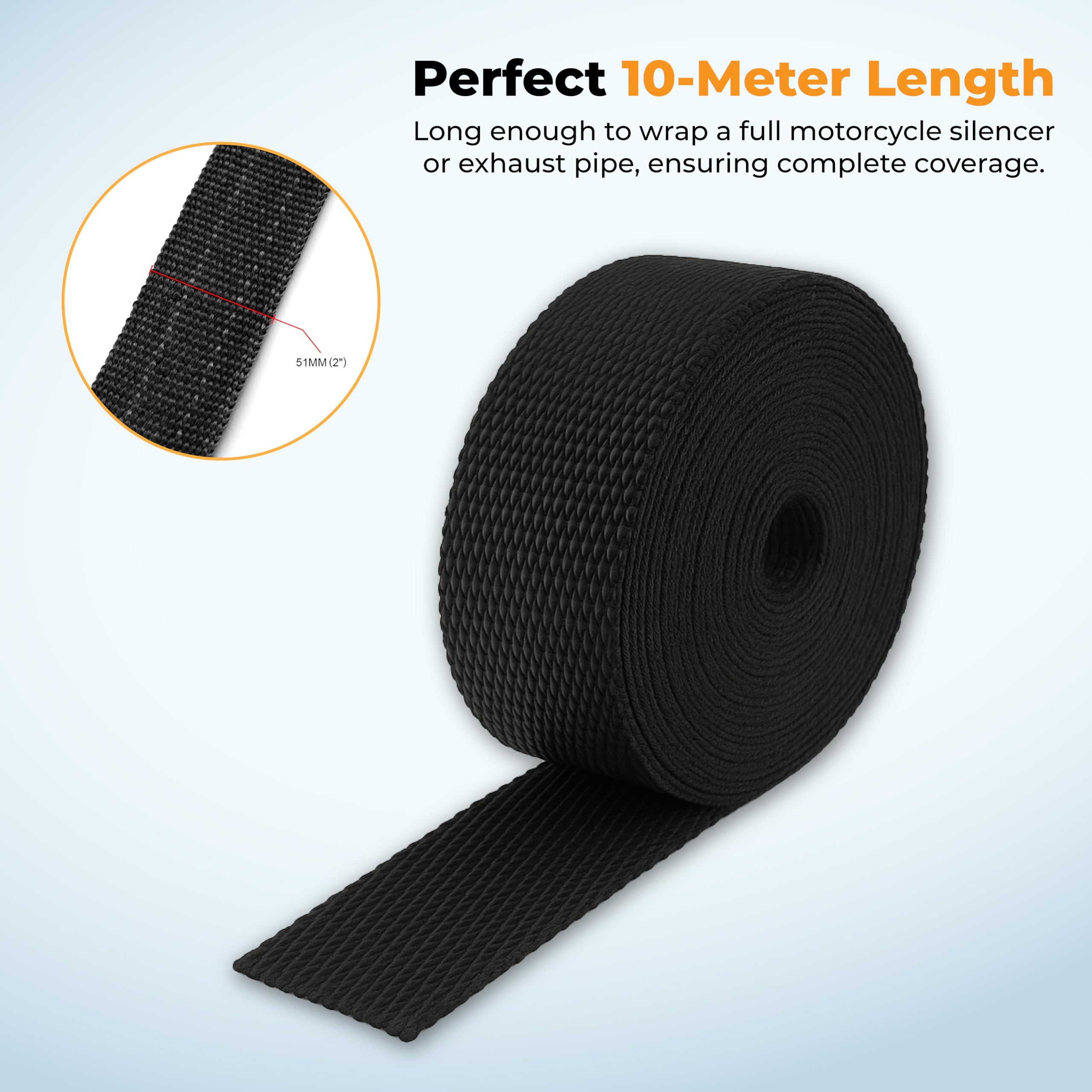 MIKANIX Motorcycle Exhaust Heat Wrap Roll 10 Meter Length x 51mm Width | Black High Temp Resistant Fiberglass Tape with Stainless Steel Ties for Bike & Car Exhaust Pipe