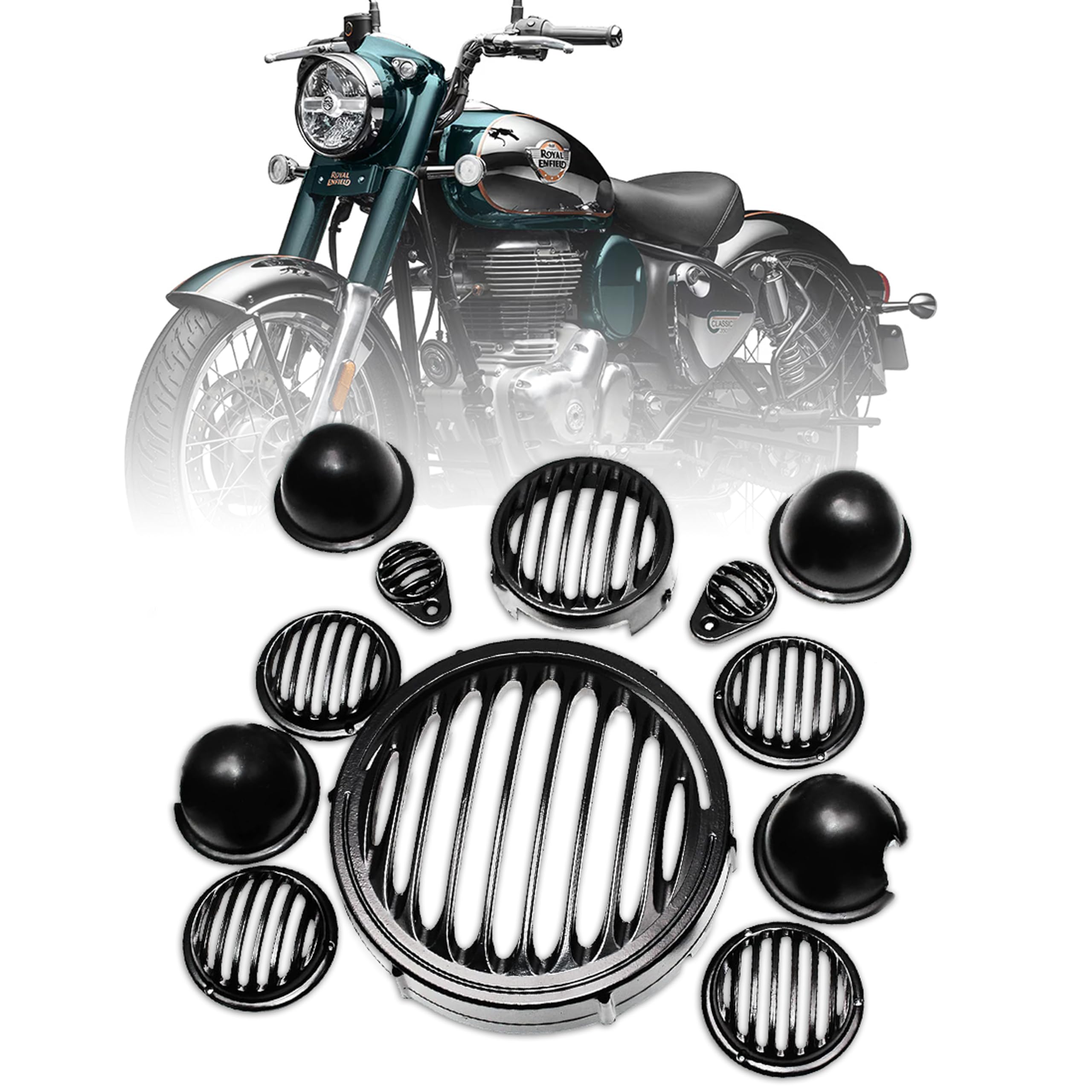 MIKANIX Premium CNC Metal Front Rear Headlight Grill | Jali Cover Set with Tail Lamp, Indicator, Pivot Eyes Cup Compatible Only for RE Classic 350 Legend Reborn