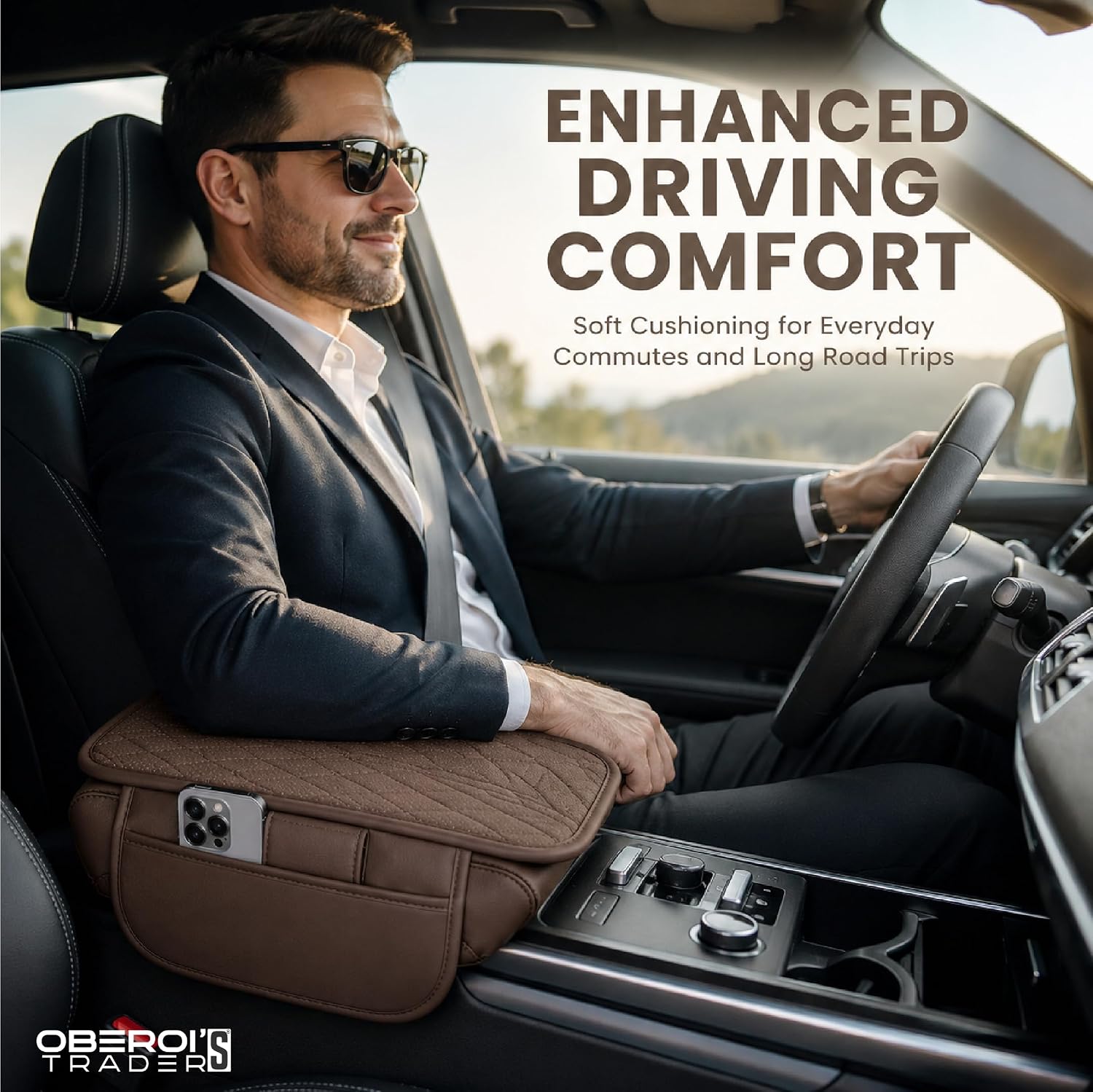 MIKANIX Car Center Console Armrest Cushion | Waterproof Leather Car Armrest Pad with Cup Holder, Phone Slot & Tissue Organizer for Top Hinged Consoles