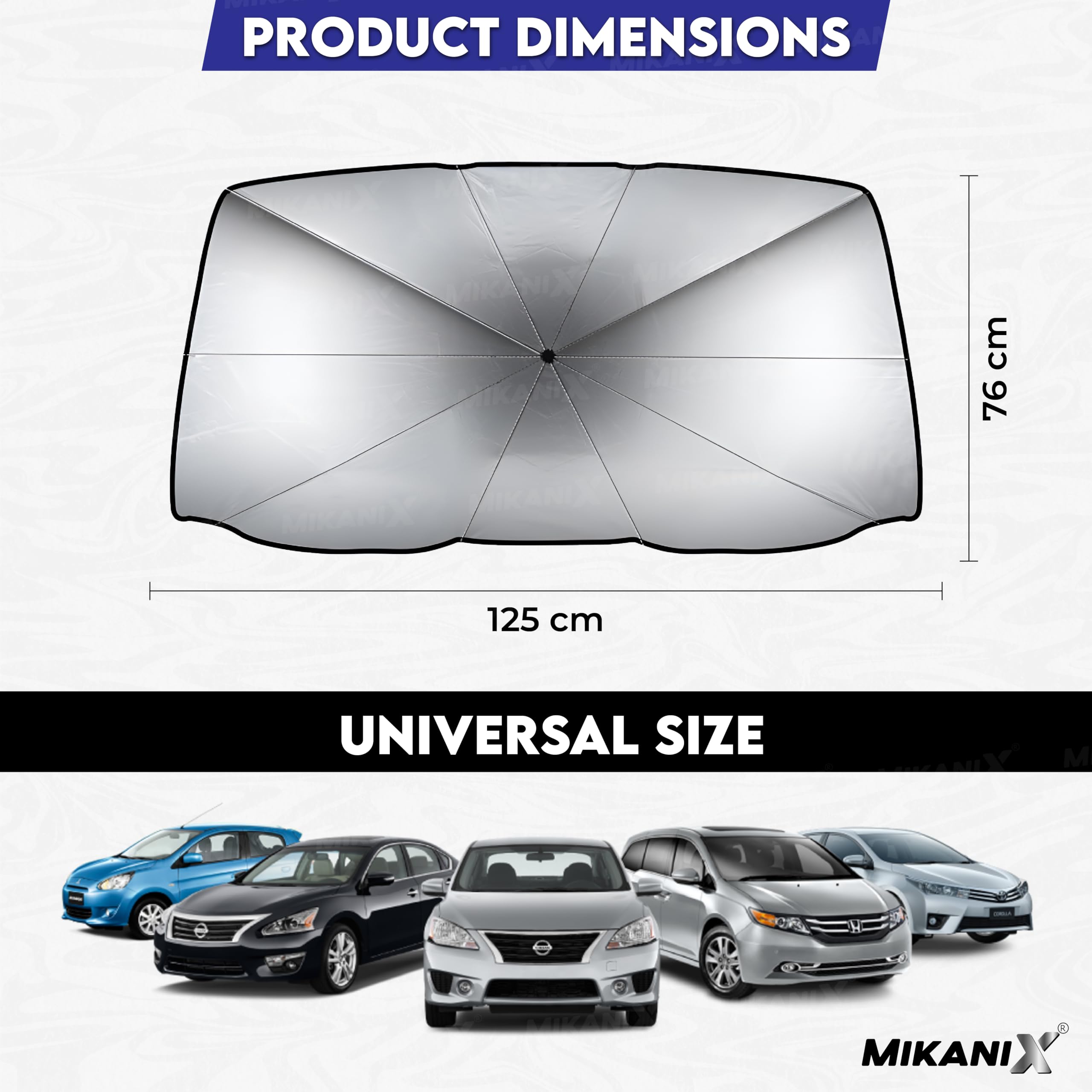 MIKANIX Car Sunshade Umbrella I Foldable Windshield Sun Protector, UV Blocker, Heat Reflector for Cool Interior, Prevents Dashboard Fading & Odors, Universal Fit for Cars, Trucks, SUVs