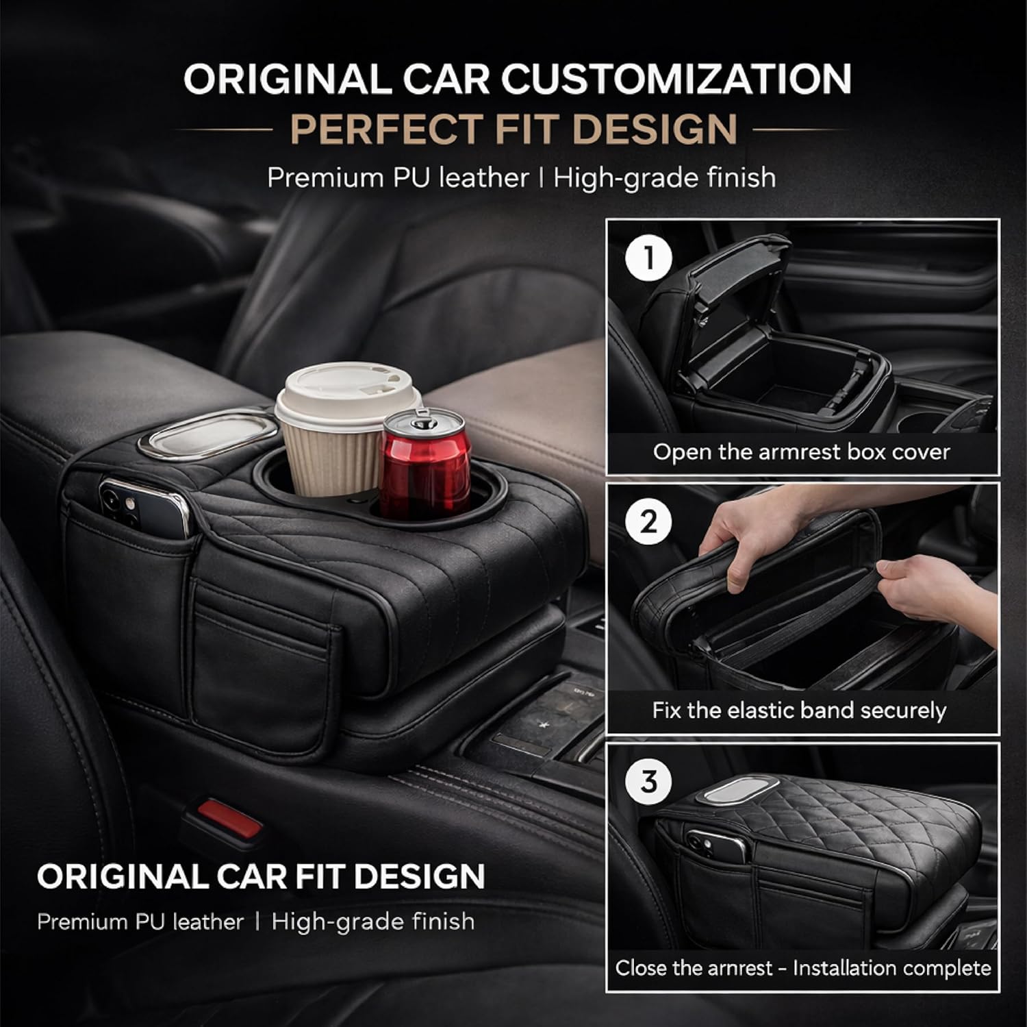 MIKANIX Car Console Armrest Cover & Organizer with Dual Cup Holder & Tissue Dispenser | Soft PU Leather Arm Support | Dual Side Pockets for Mobile & Accessories | Universal Fit for All Cars