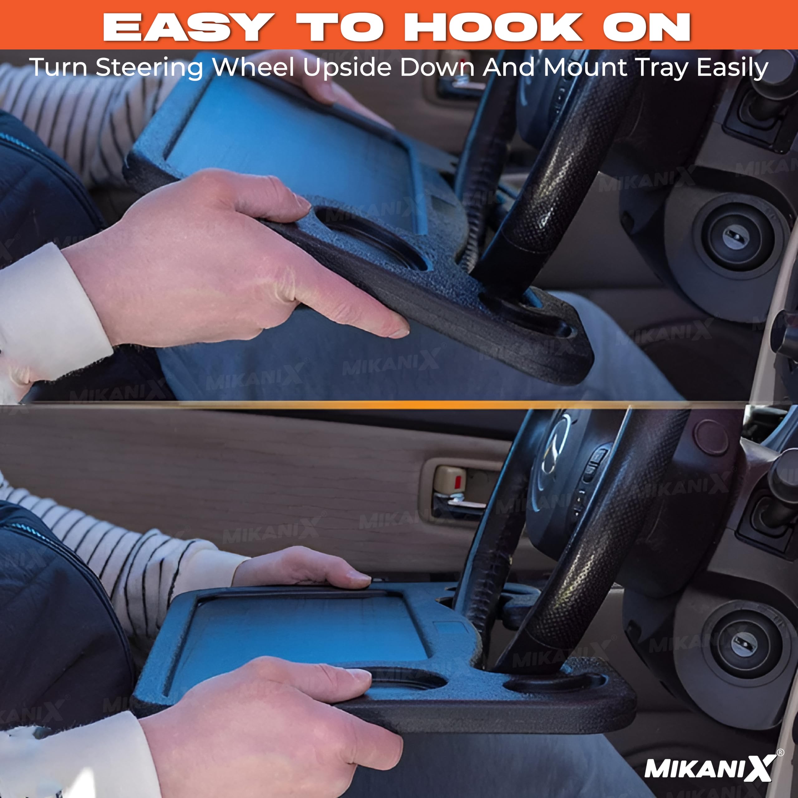 MIKANIX Multifunctional Car Steering Wheel Tray I Portable Laptop Desk & Food Tray for Car, Dual-Sided for Eating, Writing & Working, Universal Vehicle Accessory for All Cars