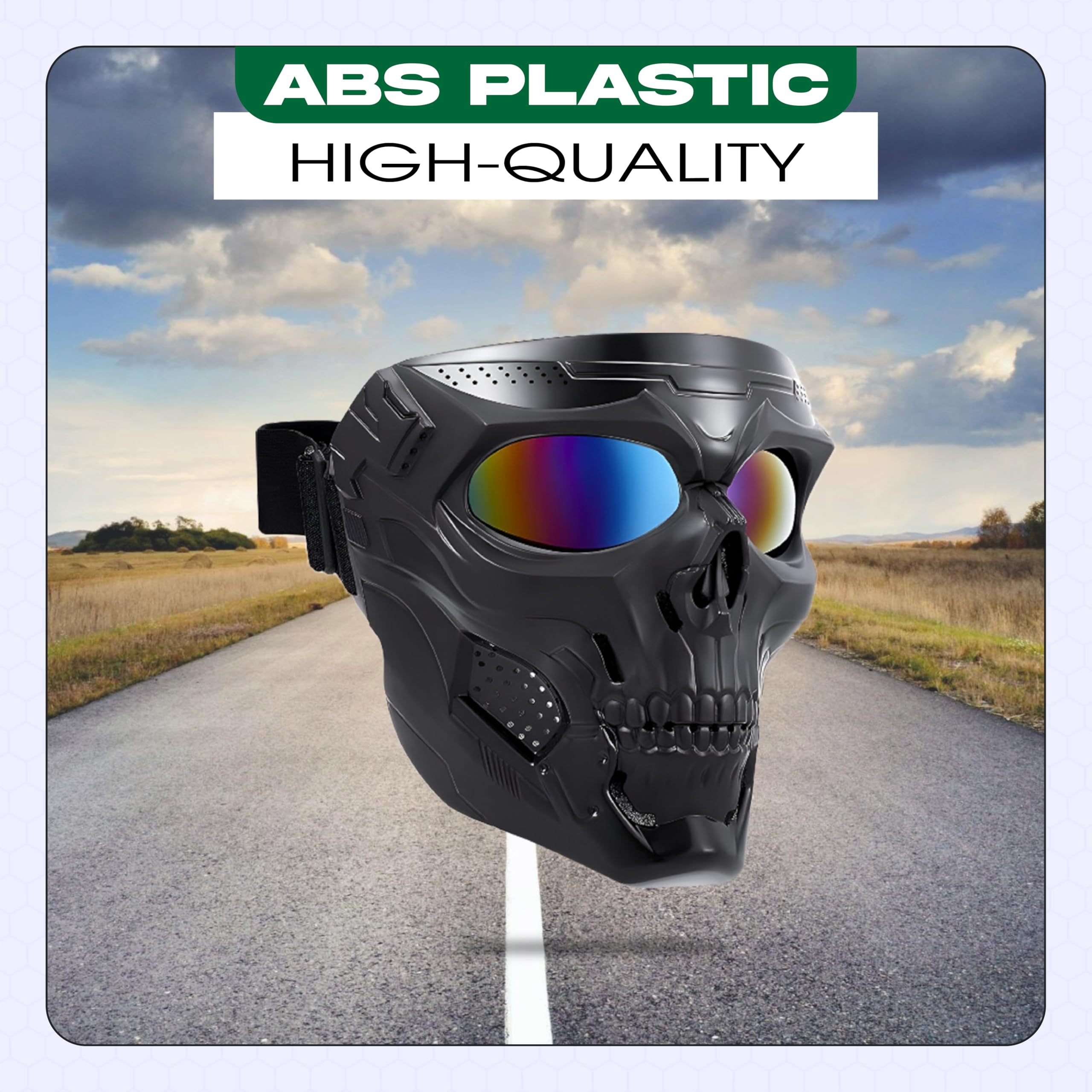 gas masks swim goggles dust masks a motorcycle helmet MIKANIX Skull Face Mask with Rainbow Goggle for Bike Riding, UV Protec – Mikanix