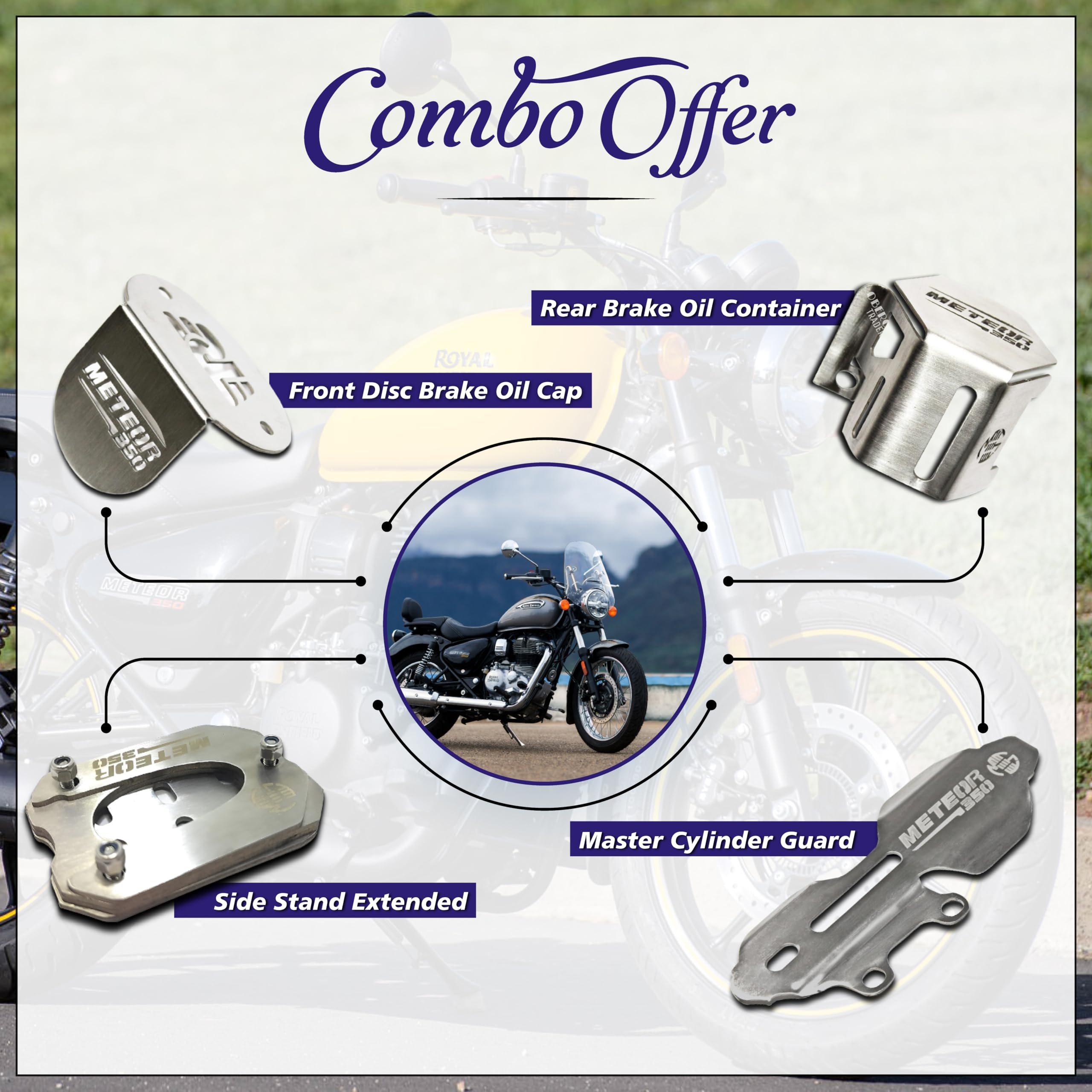 OBEROI'S TRADERS Meteor 350 Master Cylinder Guard, Front Oil Reservoir Cap, Side Stand Extender And Rear Brake Oil Container Guard Combo Accessories