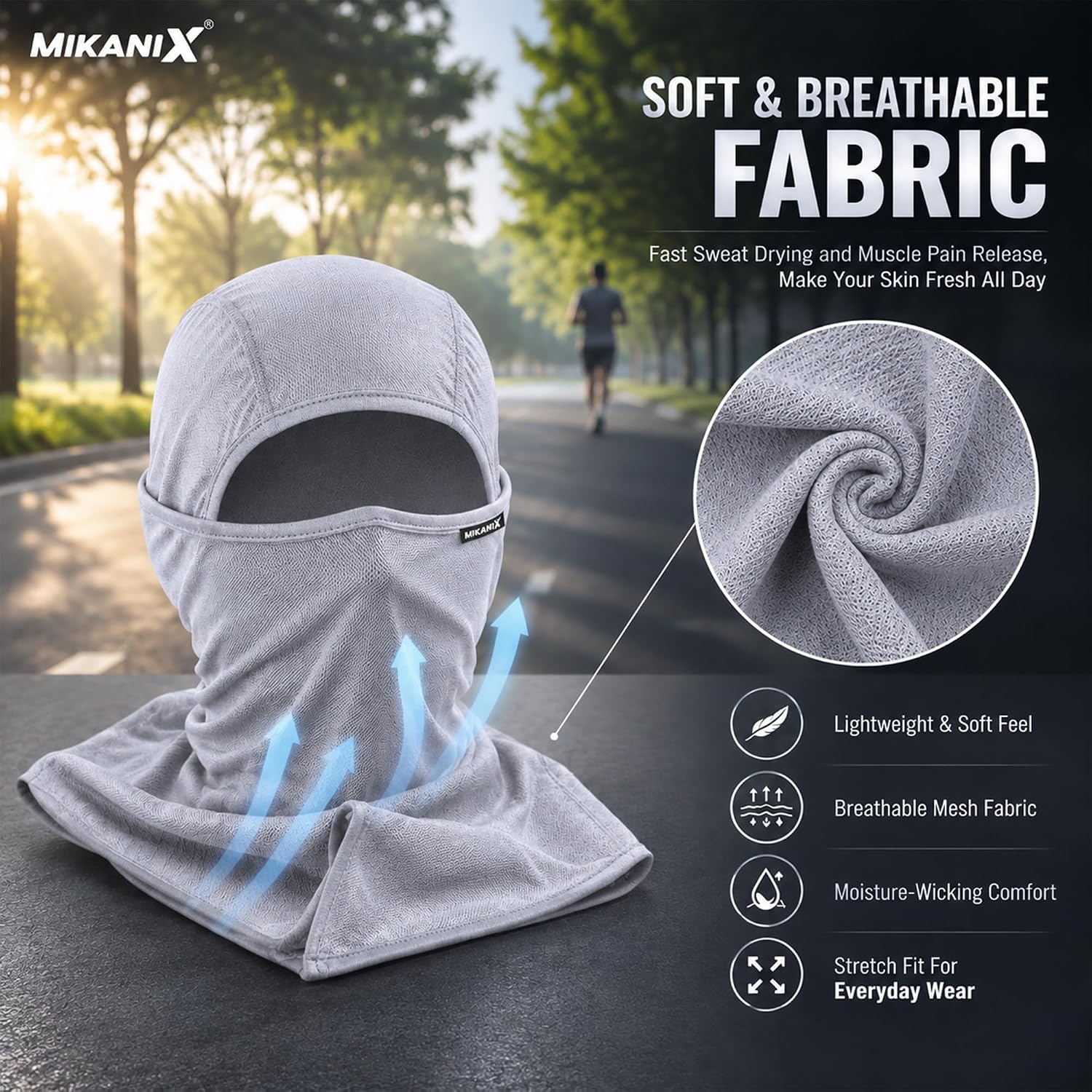 MIKANIX Full Face Balaclava Mask for Men & Women | Breathable Bike Riding Face Mask | Dust, Wind & Sun for Motorcycle, Cycling & Outdoor Sports (GREY)