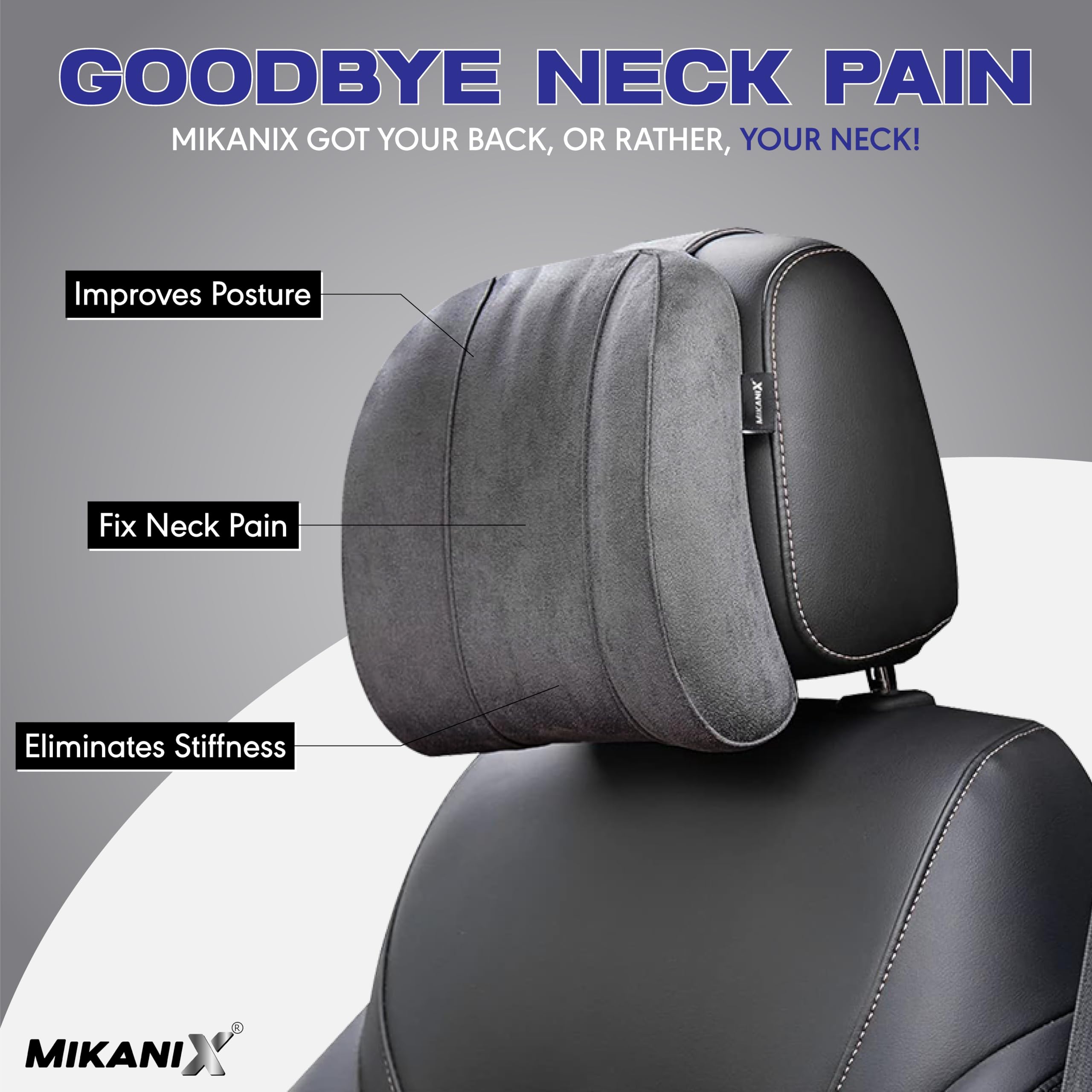 MIKANIX Car Headrest Pillow | Polyfill Fiber Cotton Neck/Head Support Cushion | Ergonomic Travel Headrest | Comfortable Car Seat Pillow | Breathable Soft Cover | Universal Fit (Grey)