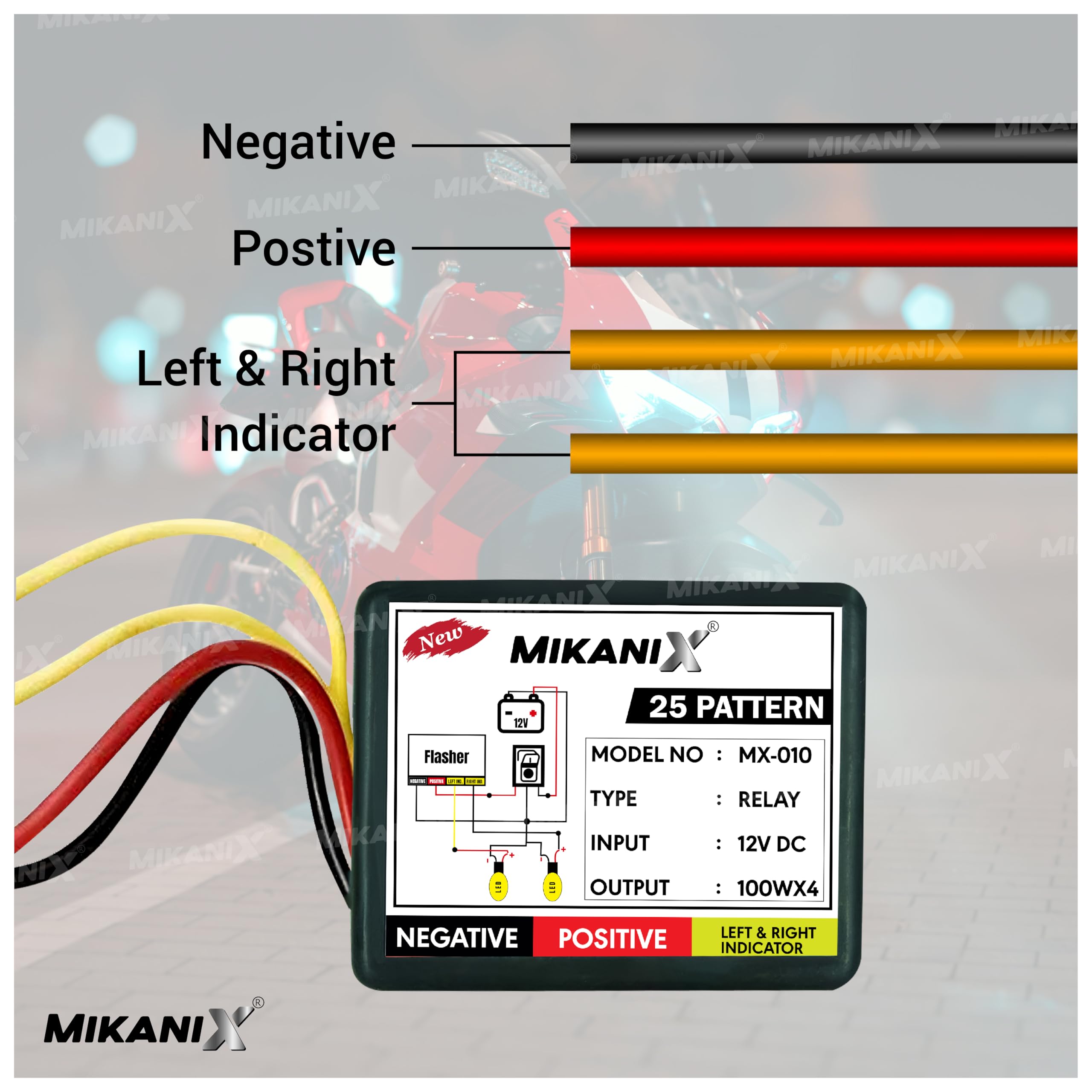 Mikanix Universal for Bike Hazard Flasher/Blinker Waterproof 16 Patterns Flasher Relay for LED/Bulb Indicators with Pattern Changer Switch