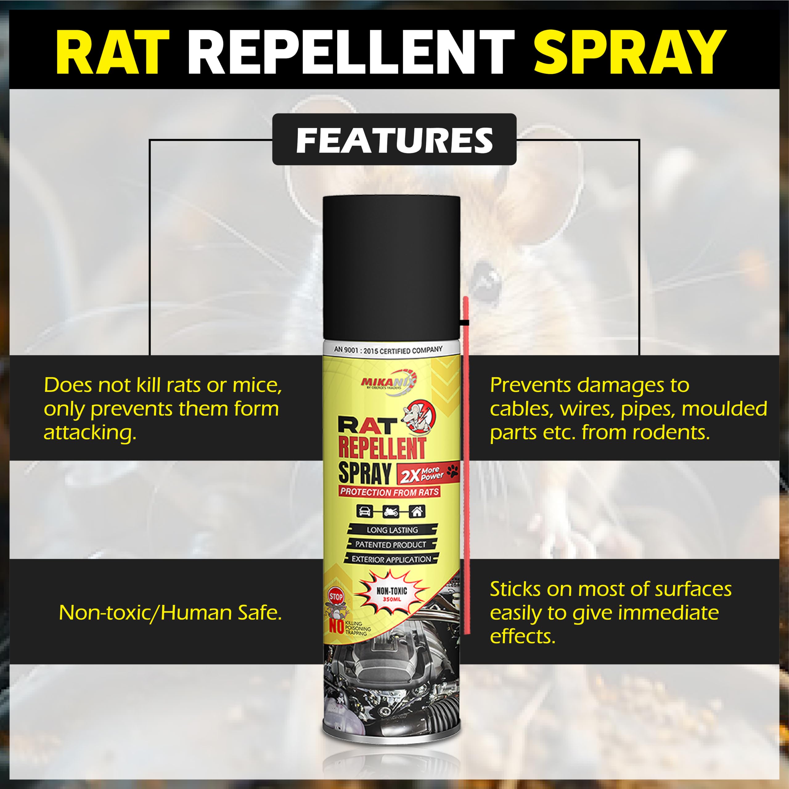 MIKANIX Rat Repellent Spray | Rodent Repellent For Home, Bike & Car | Protects Wires in Car, Bike and Home | For Storage Room | Engine Wiring & Home Wiring Protection