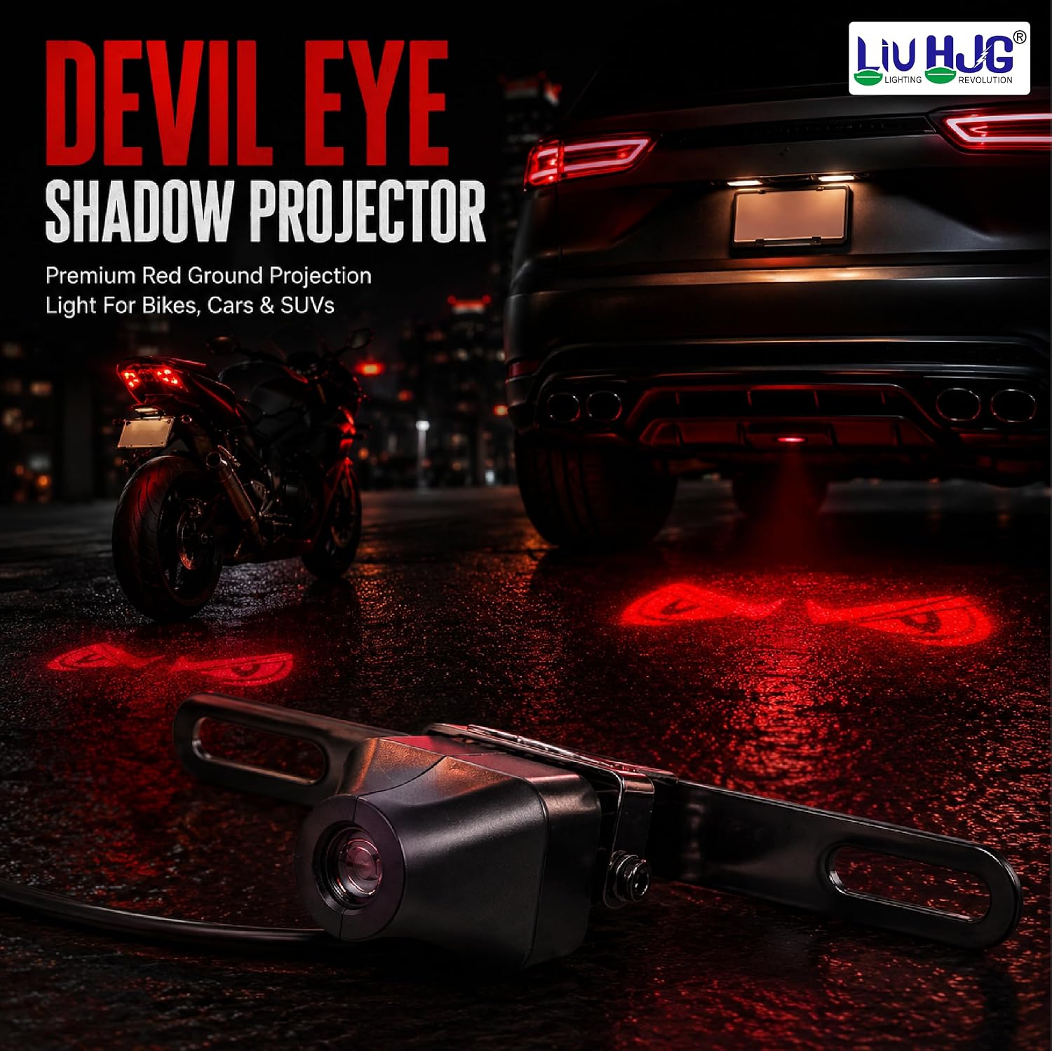 MIKANIX Devil Eye Shadow Projector, Universal Fit LED Ground Projection Light for Bikes, Cars and SUVs, HD Optical Lens All-Weather Exterior Custom Modification Accessories