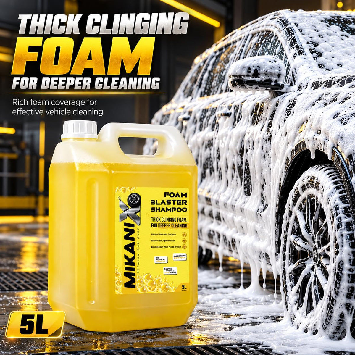 MIKANIX Car Wash Foam Blaster Concentrated Shampoo with Ceramic Shine | High Foam Car Wash Liquid for Cars & Bikes | Car Cleaning Shampoo ( 5 LTR )