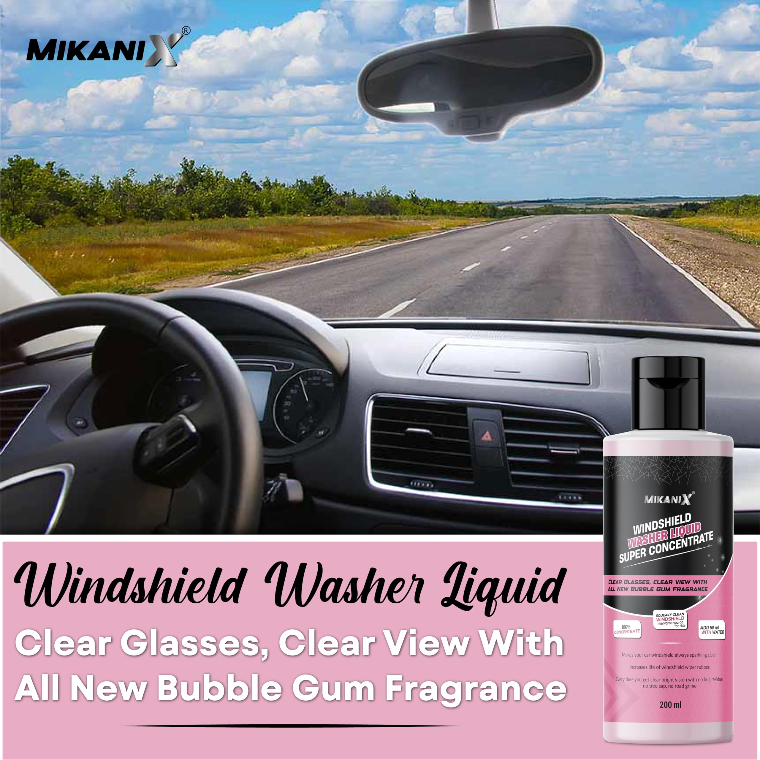 MIKANIX Windshield Washer Fluid For Car | Car Glass & Wiper Cleaner Liquid | Concentrate Form | To Remove Dirt, Grime and Bugs | Improve Visibility | Antifreeze Protection