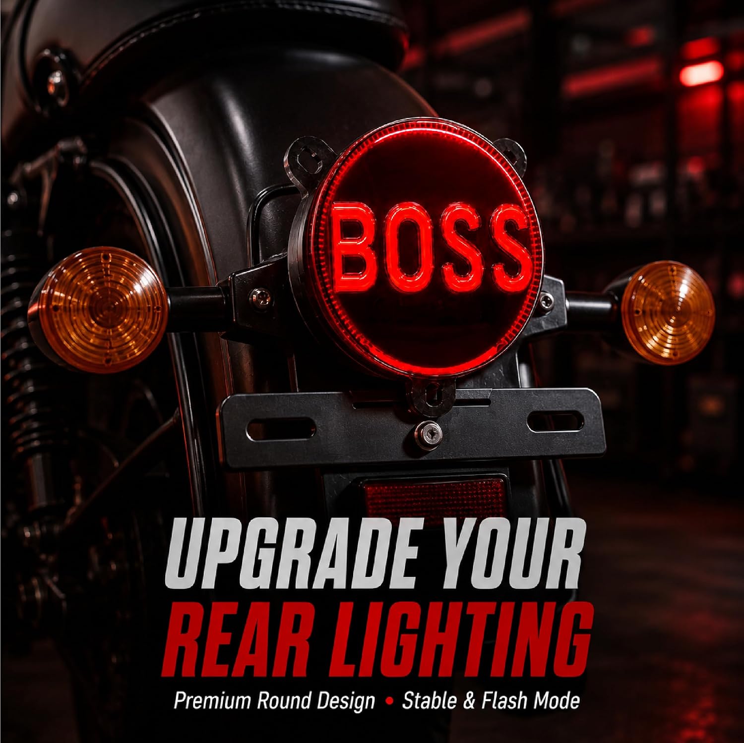 MIKANIX BOSS LED Motorcycle Tail Light | Round Rear Brake Tail Lamp with 3 Light Modes | White, Red & Blinking Modes | Compatible with 350 & 500
