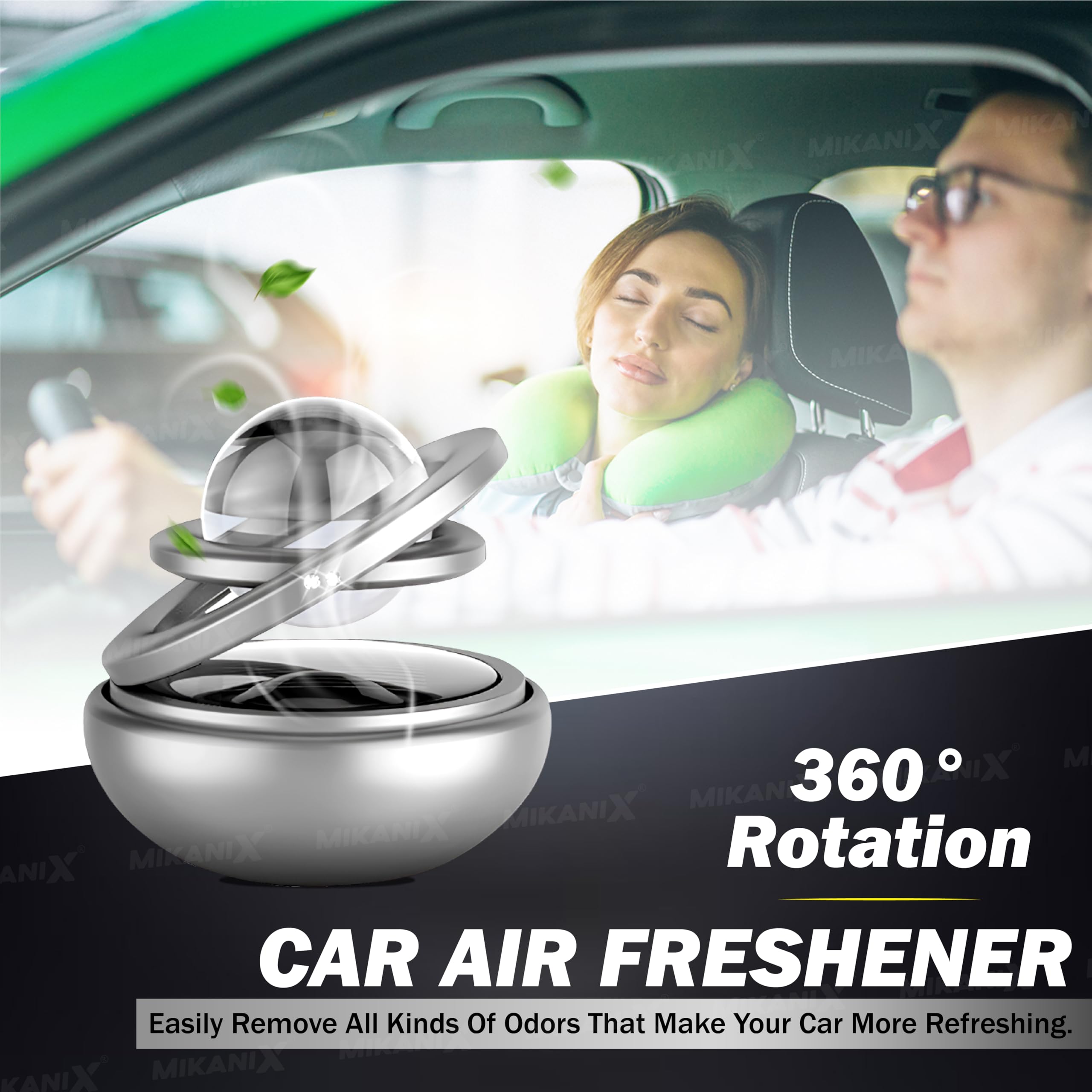 Mikanix Solar Energy Rotating Car Dashboard Air Freshener/Perfume Diffuser/Dispenser|Alloy Body & Crystal Design With Perfume Liquid For Car Interior & Home Air Freshener (Silver), Pack Of 1