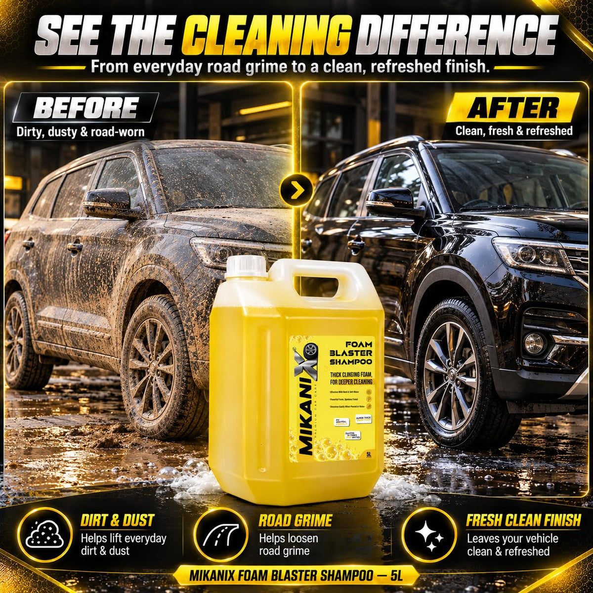 MIKANIX Car Wash Foam Blaster Concentrated Shampoo with Ceramic Shine | High Foam Car Wash Liquid for Cars & Bikes | Car Cleaning Shampoo ( 5 LTR )