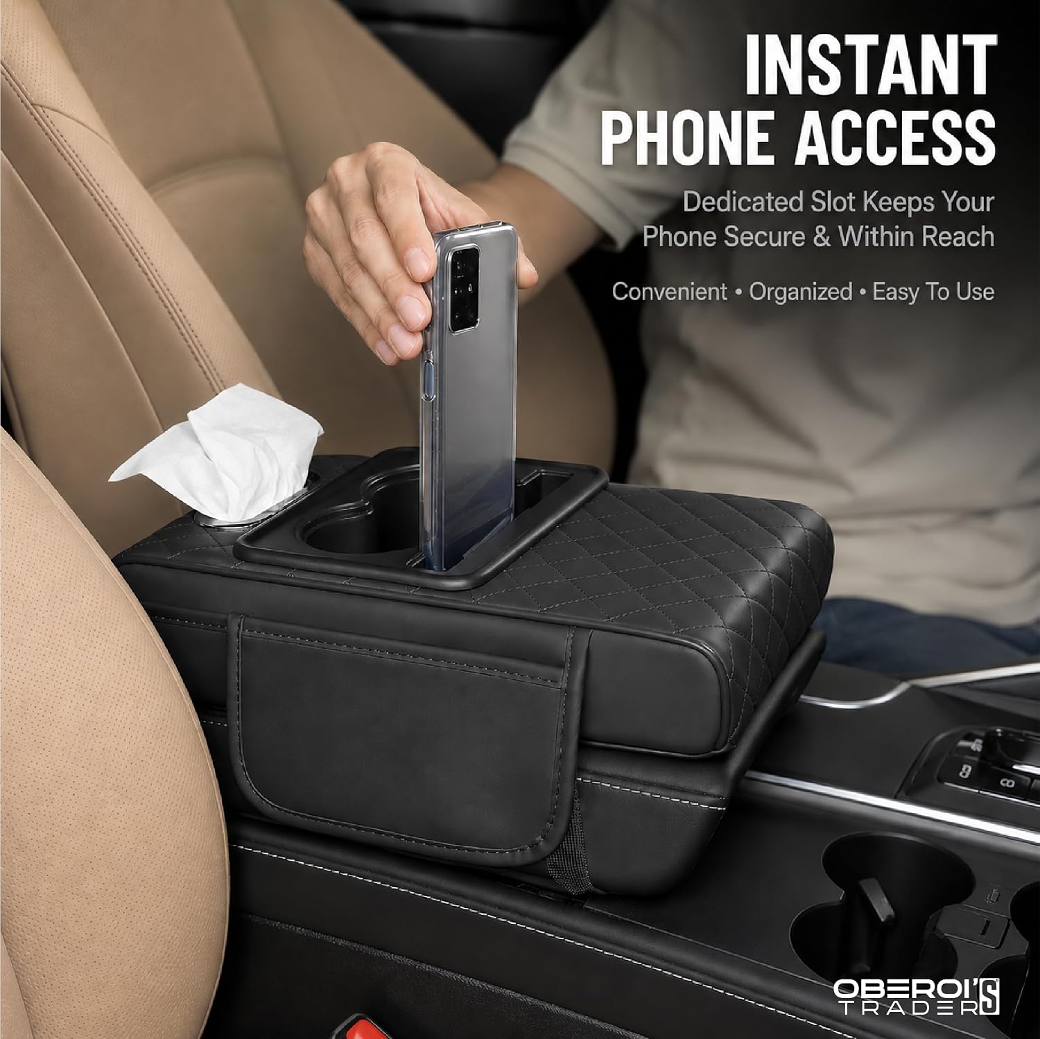 MIKANIX Car Center Console Armrest Cushion | Waterproof Leather Car Armrest Pad with Cup Holder, Phone Slot & Tissue Organizer for Top Hinged Consoles