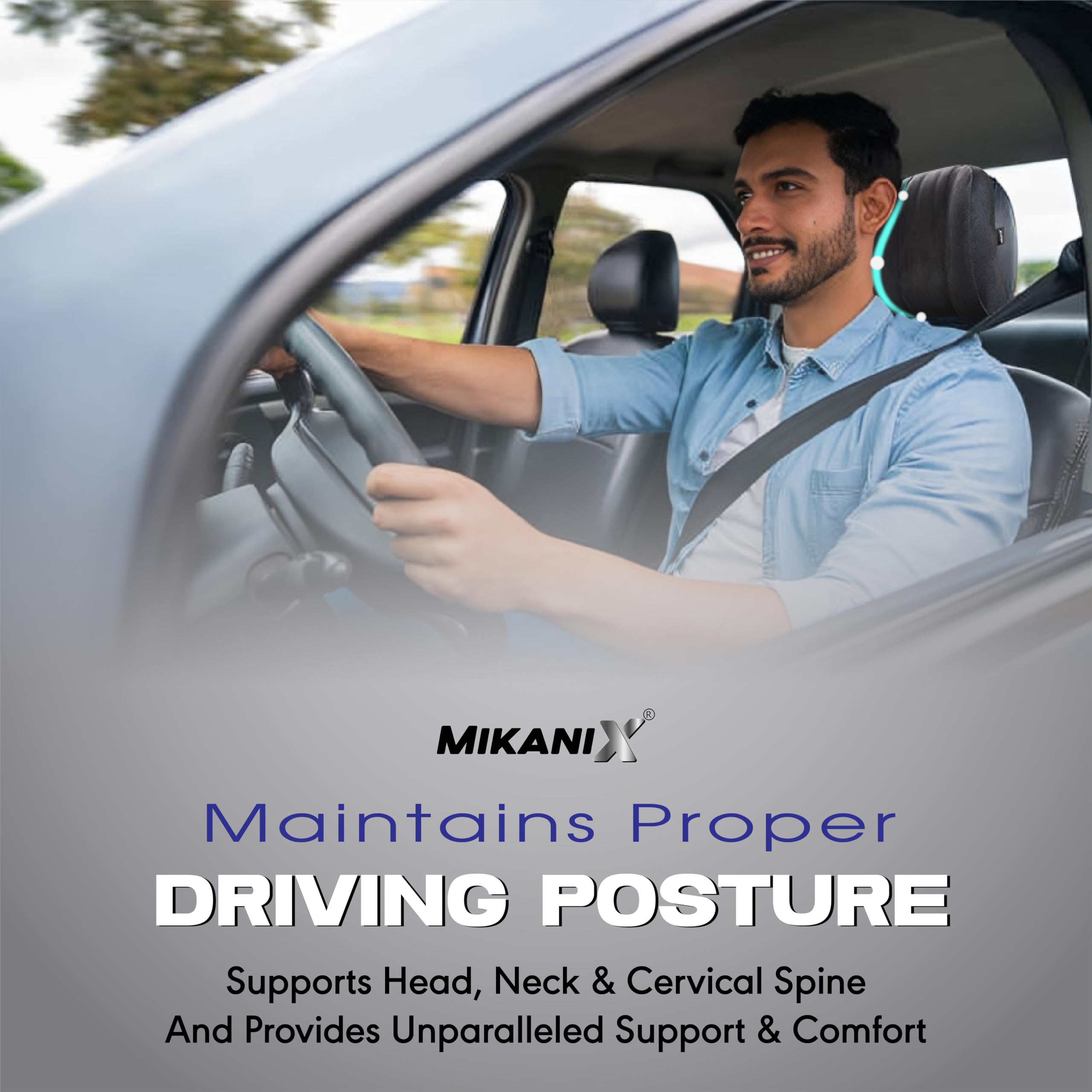 MIKANIX Car Headrest Pillow | Polyfill Fiber Cotton Neck/Head Support Cushion | Ergonomic Travel Headrest | Comfortable Car Seat Pillow | Breathable Soft Cover | Universal Fit (Black)